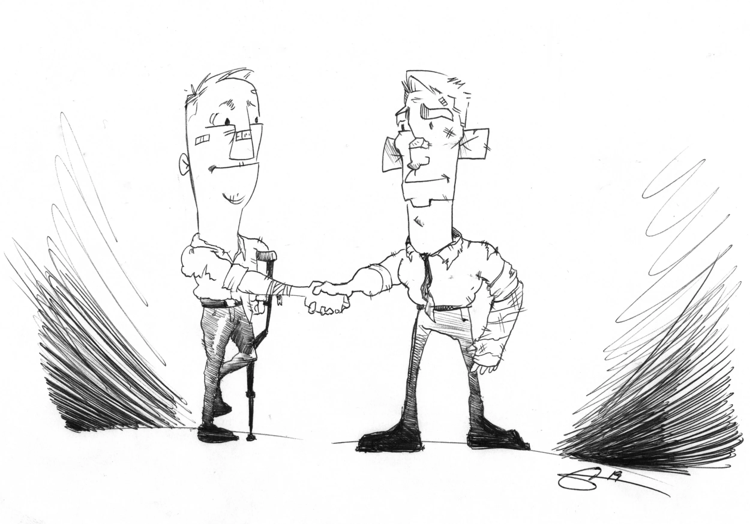 Greg Brockhouse and Ron Nirenberg shake hands following a tumultuous election cycle. (Illustration by Christopher Ochoa.)