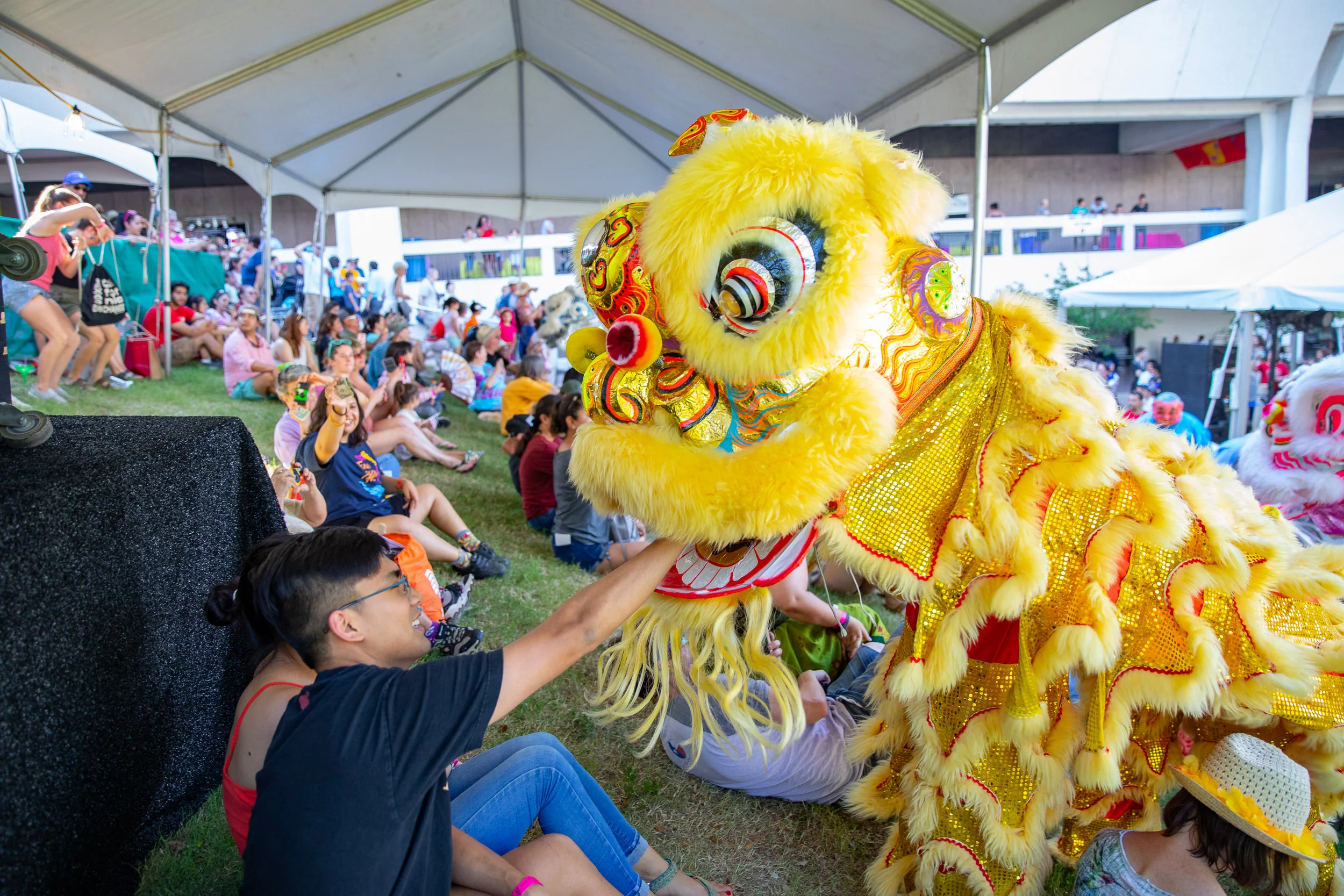 An attendee interacts with the traditional Lion Dance performers. (Photo by Joel Pena - Photographer, SA Sentinel)