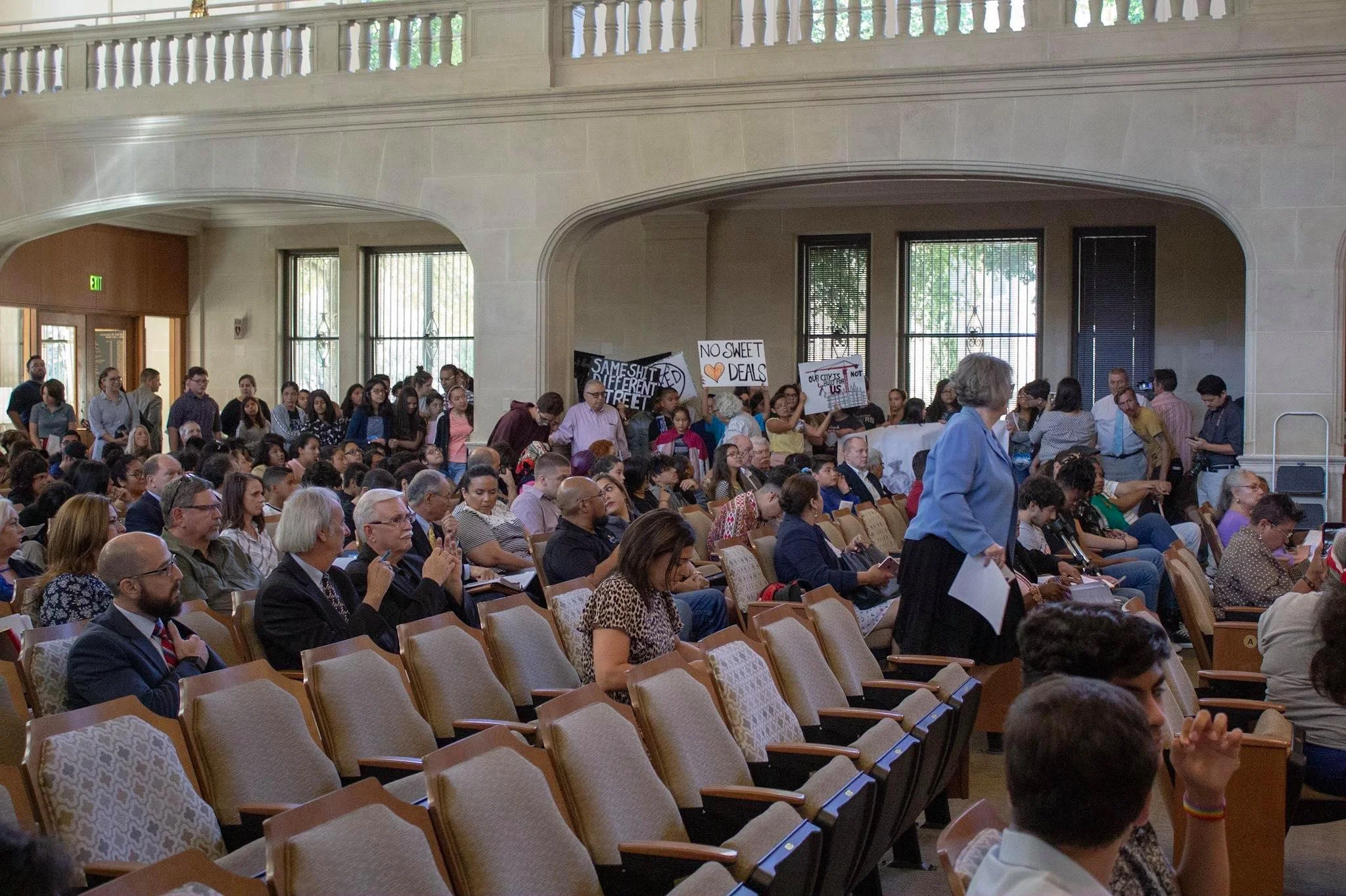 The council chambers were packed with protesters Thursday morning. (Photo by William Timmerman )