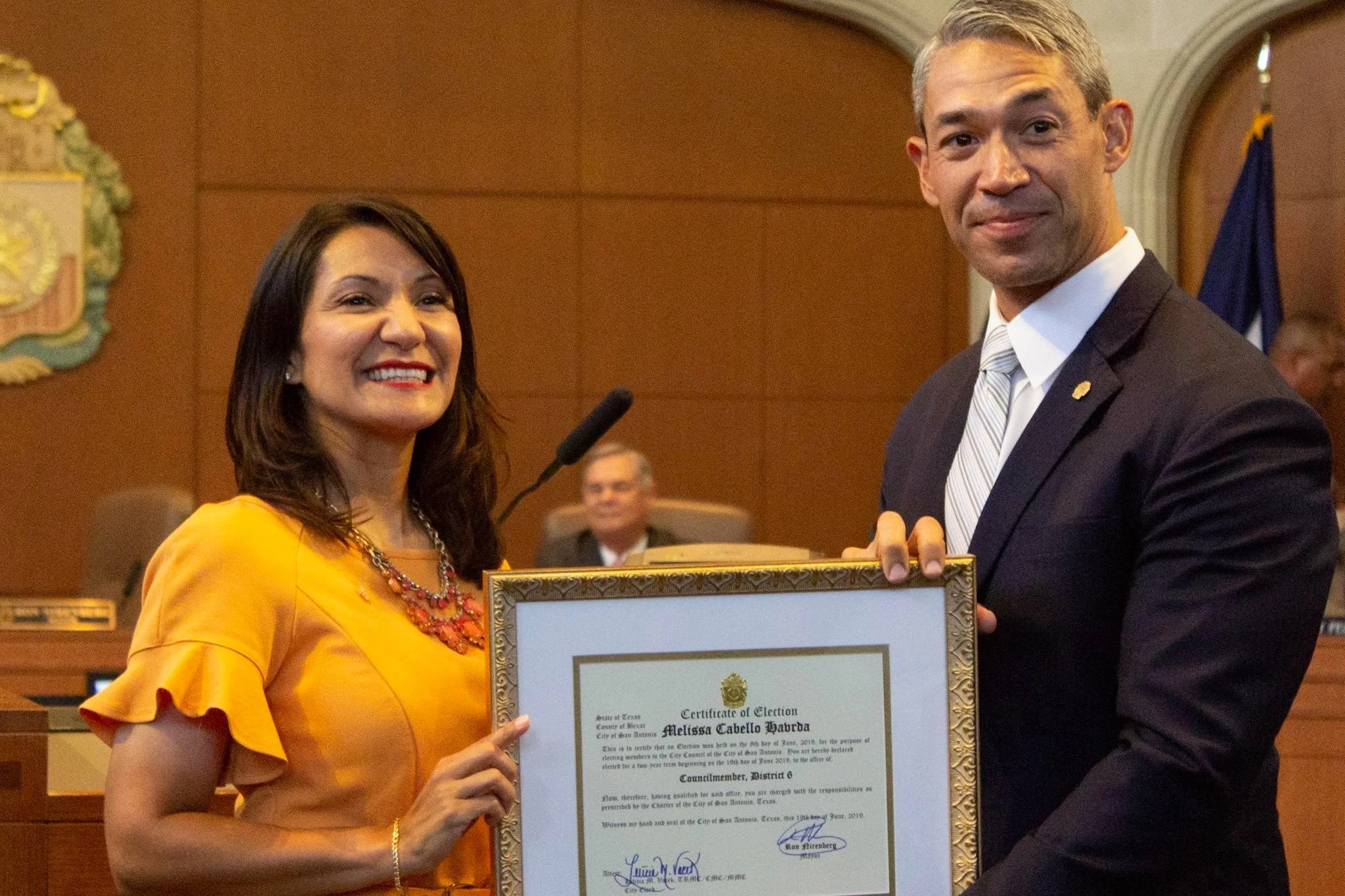 Mayor Nirenberg presents Melissa Cabello Havrda as a new member of the SA City Council. (Photo by William Timmerman )