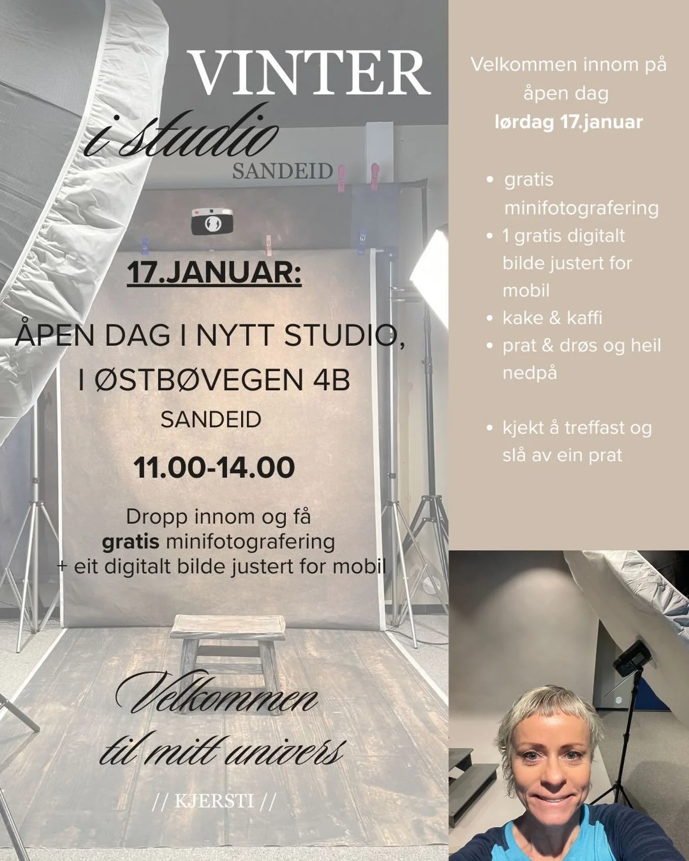 ✨ &Aring;pen dag i nytt studio ✨

L&oslash;rdag17. januar kl. 11&ndash;14
&Oslash;stb&oslash;vegen 4B, Sandeid

Eg &aring;pnar d&oslash;rene til det nye studioet mitt og inviterer deg innom &ndash; heilt uforpliktande 🤗

Denne dagen kan du:

&ndash;