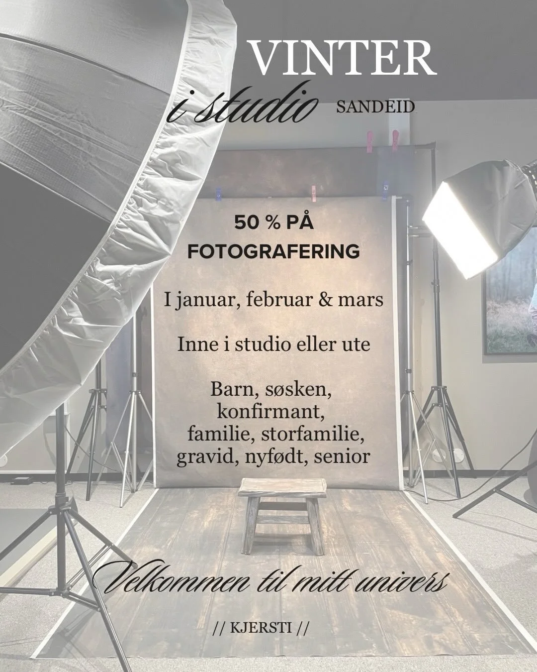 &Aring;pningstilbod ✨

I samband med &aring;pninga av nytt studio i Sandeid har eg 50 % p&aring; alle typar fotografering &ndash; b&aring;de i studio og ute &ndash; fram til utgangen av mars 📸 PS! Dette tilbodet vil ikkje komme igjen ✨

N&aring;r du
