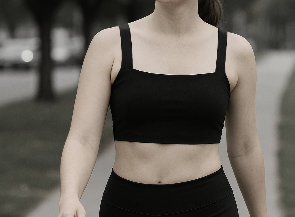 A woman wearing a black sports bra and high-waisted black leggings walking outdoors on a paved path with trees in the background.
