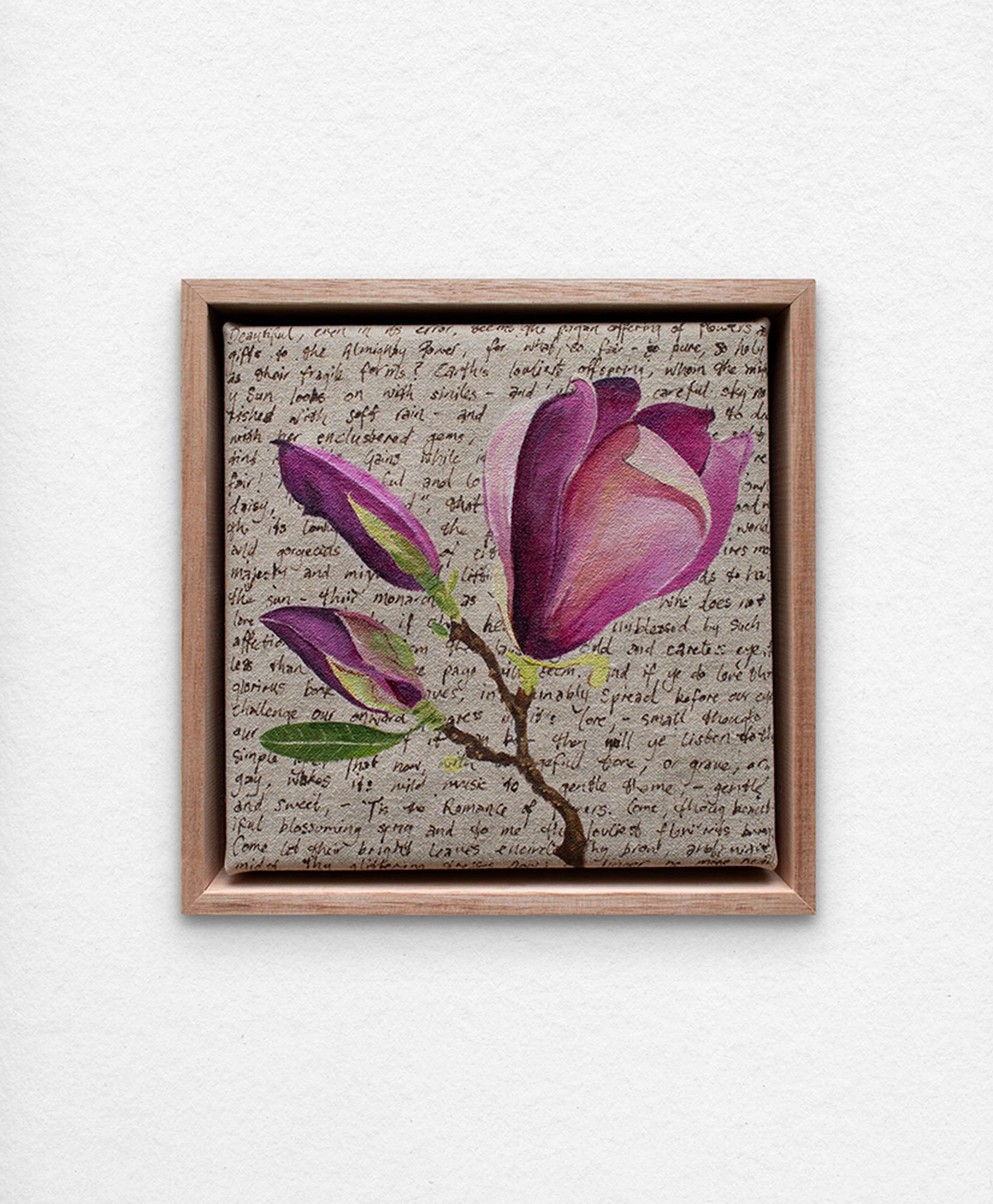 'An Ornamental Education – Magnolia'. Synthetic polymer paint and acrylic ink on linen.
23 x 23 cm framed. $350 (+GST for Aust)