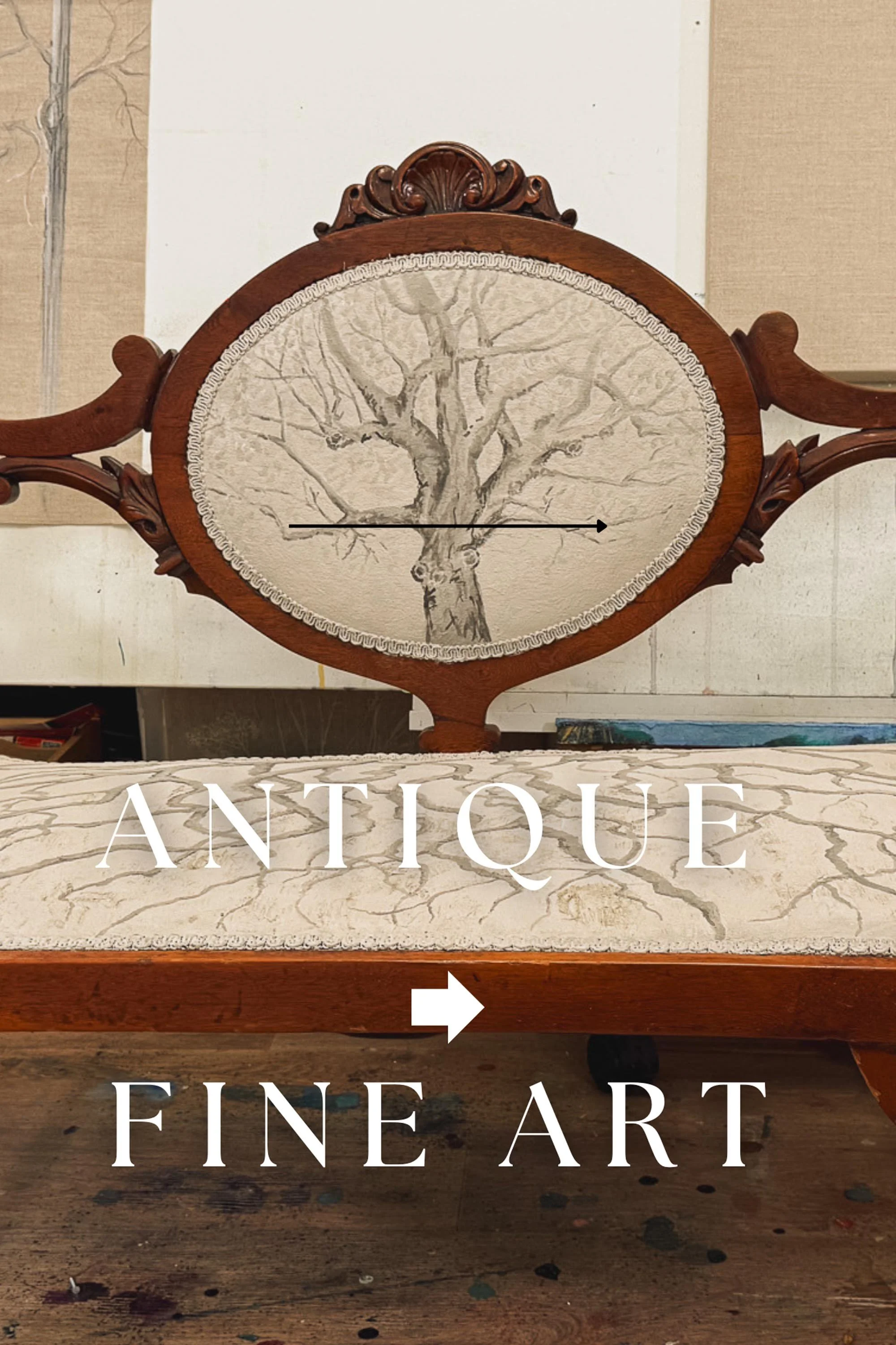 Painting an apple tree from my yard onto an antique settee for my MFA