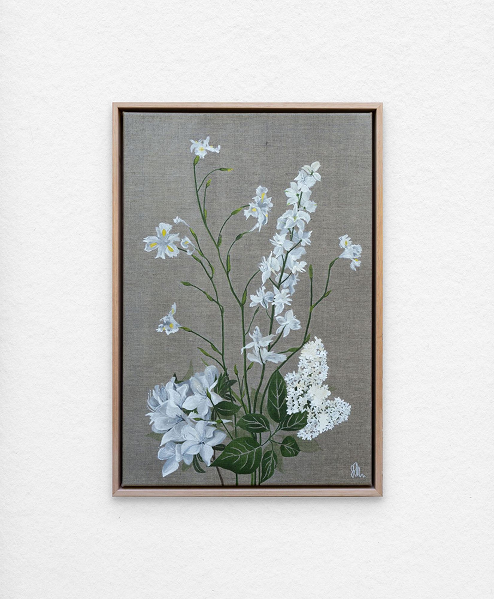 'Seasonal Bouquet – Lilac Season.' Synthetic polymer paint and collage on linen.
63 x 43 cm framed. $1100 (+ GST for Aust)