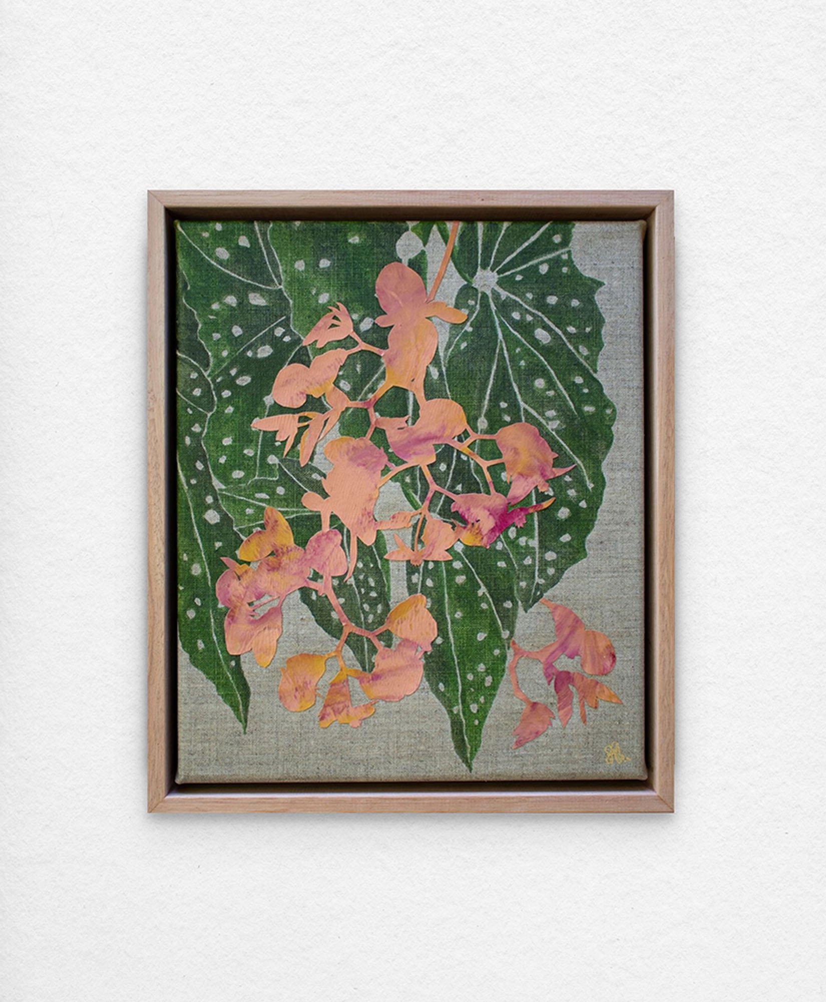 'Begonia Conservatory – Maculata.' Synthetic polymer paint and collage on linen.
33 x 28cm framed. $375 (+ GST for Aust)