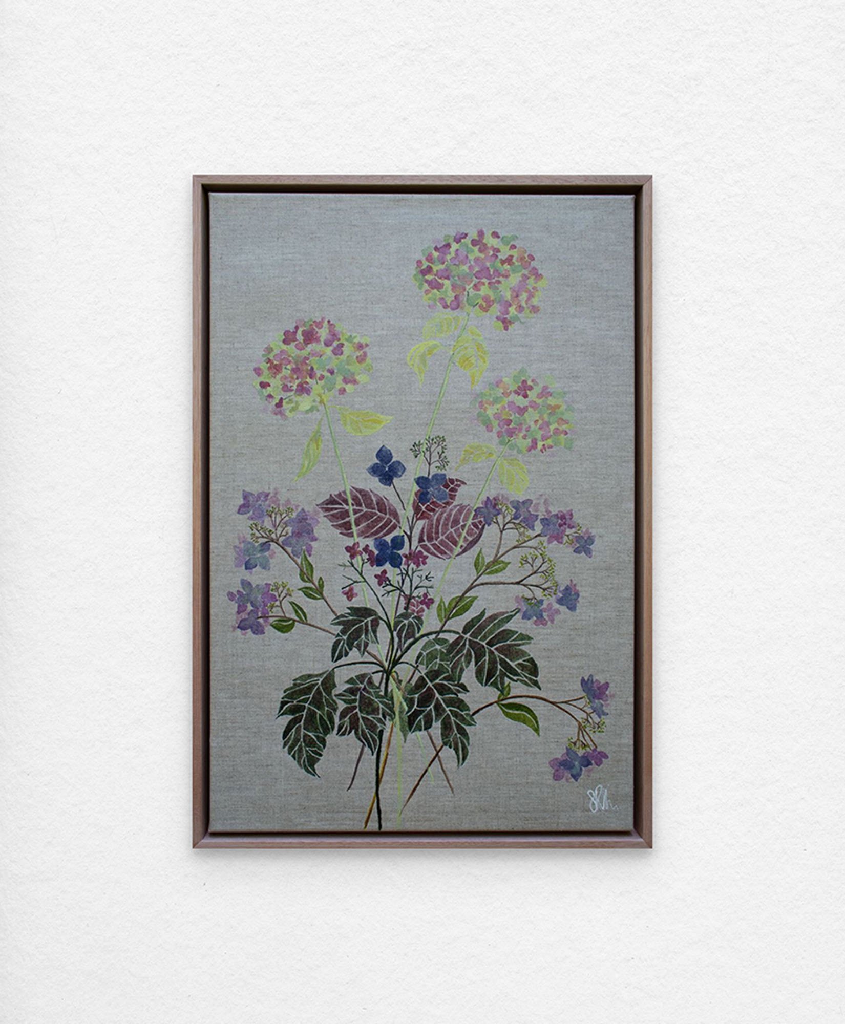 'Seasonal Bouquet – Late Autumn Hydrangea.' Synthetic polymer paint on linen.
63 x 43 cm framed. $1100 (+ GST for Aust)