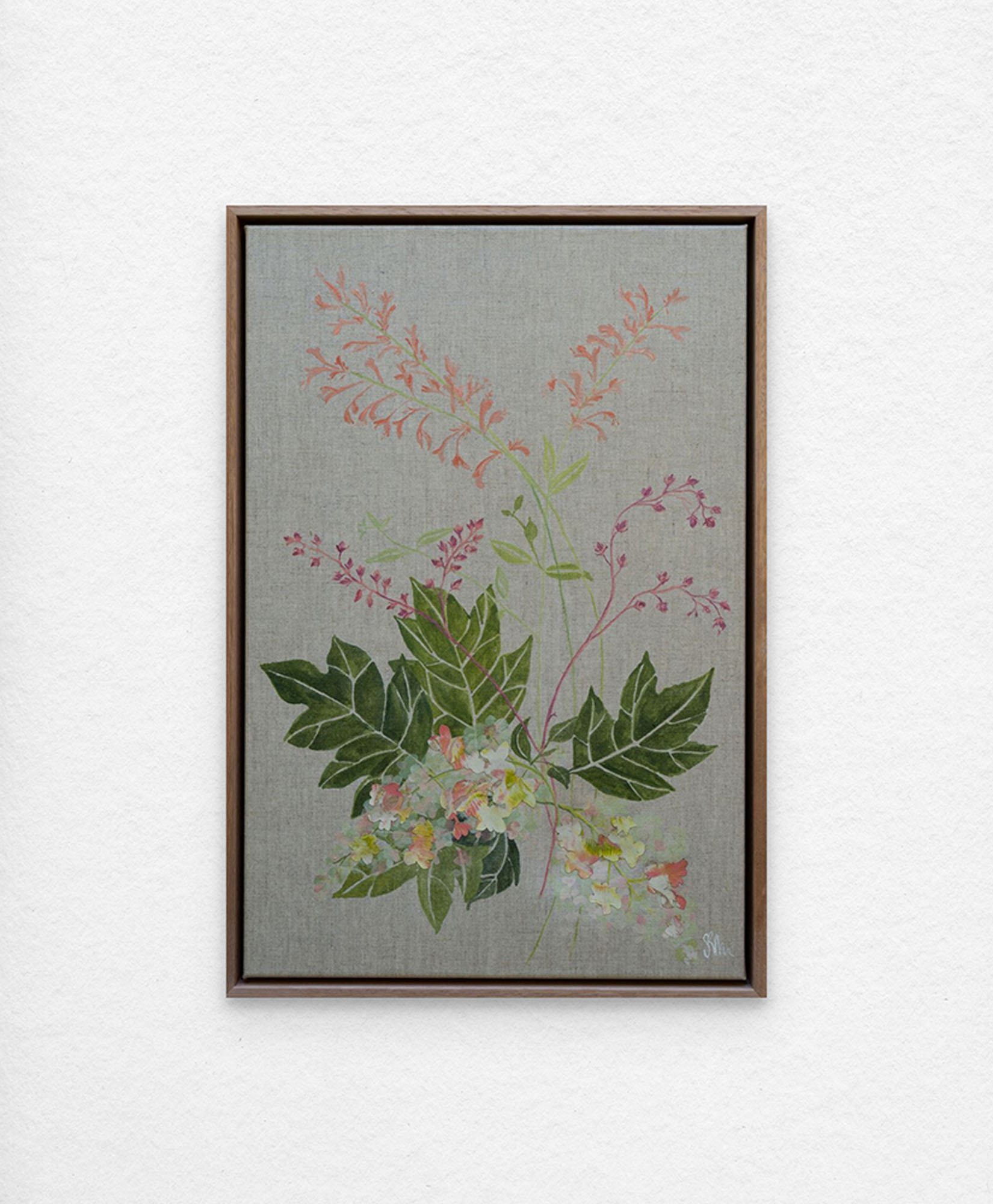 'Seasonal Bouquet – Late Summer Hydrangea'. Synthetic polymer paint and collage on linen.
63 x 43 cm framed. $1100 (+ GST for Aust)