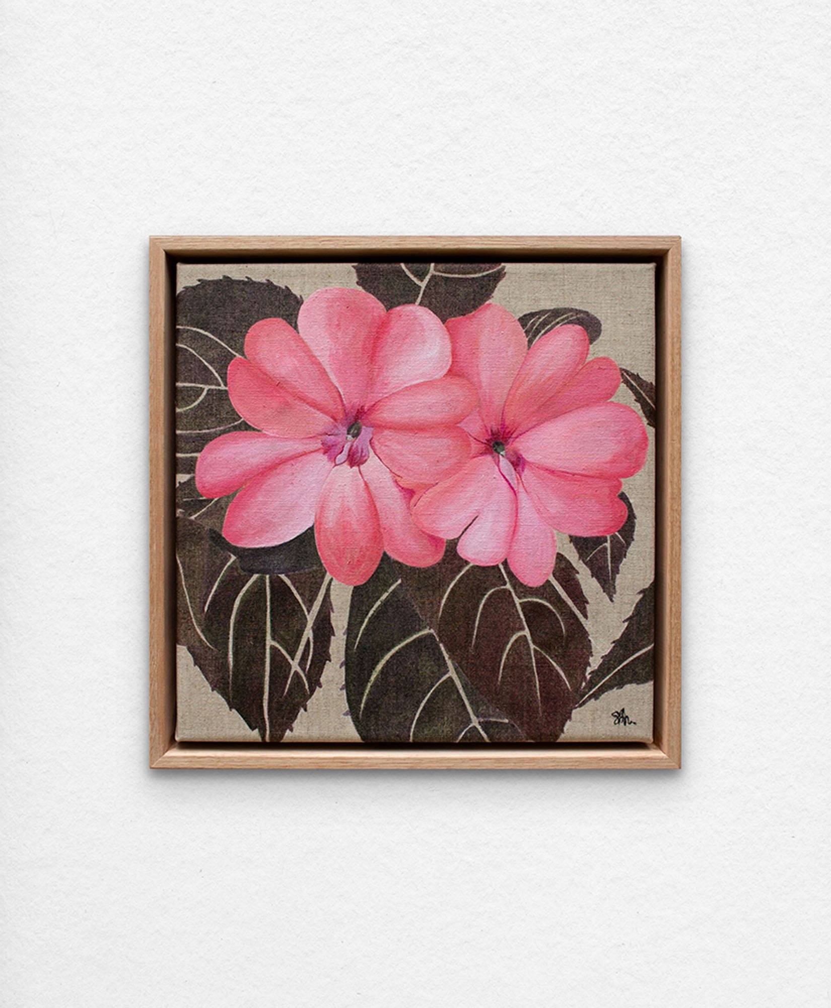 'Begonia Conservatory – Impatiens.' Synthetic polymer paint on linen.
33 x 33cm framed. $395 (+ GST for Aust)