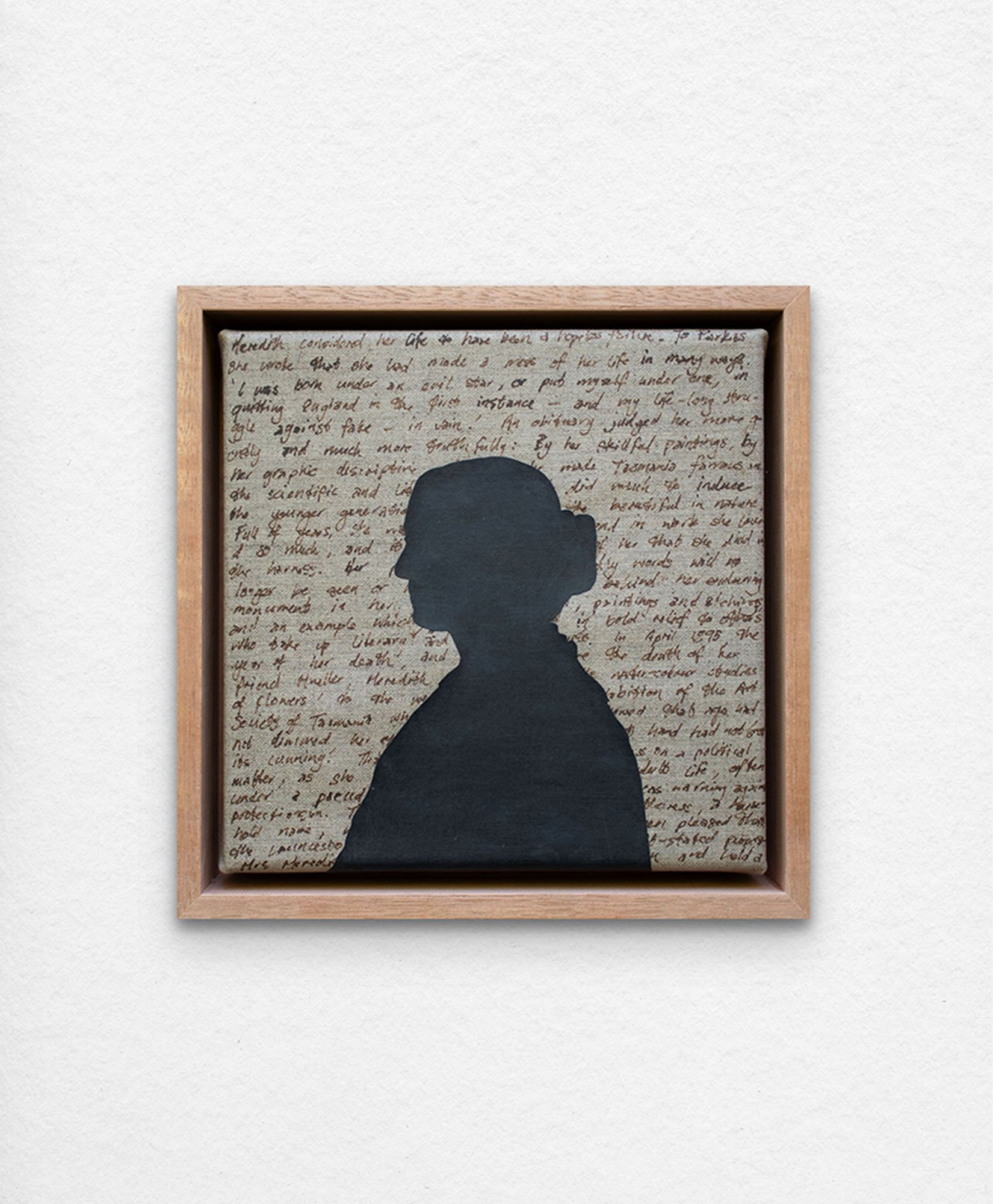 'An Ornamental Education – Silhouette of Louisa Anne Meredith.' Acrylic ink and collage on linen.
23 x 23 cm framed. $350 (+GST for Aust)