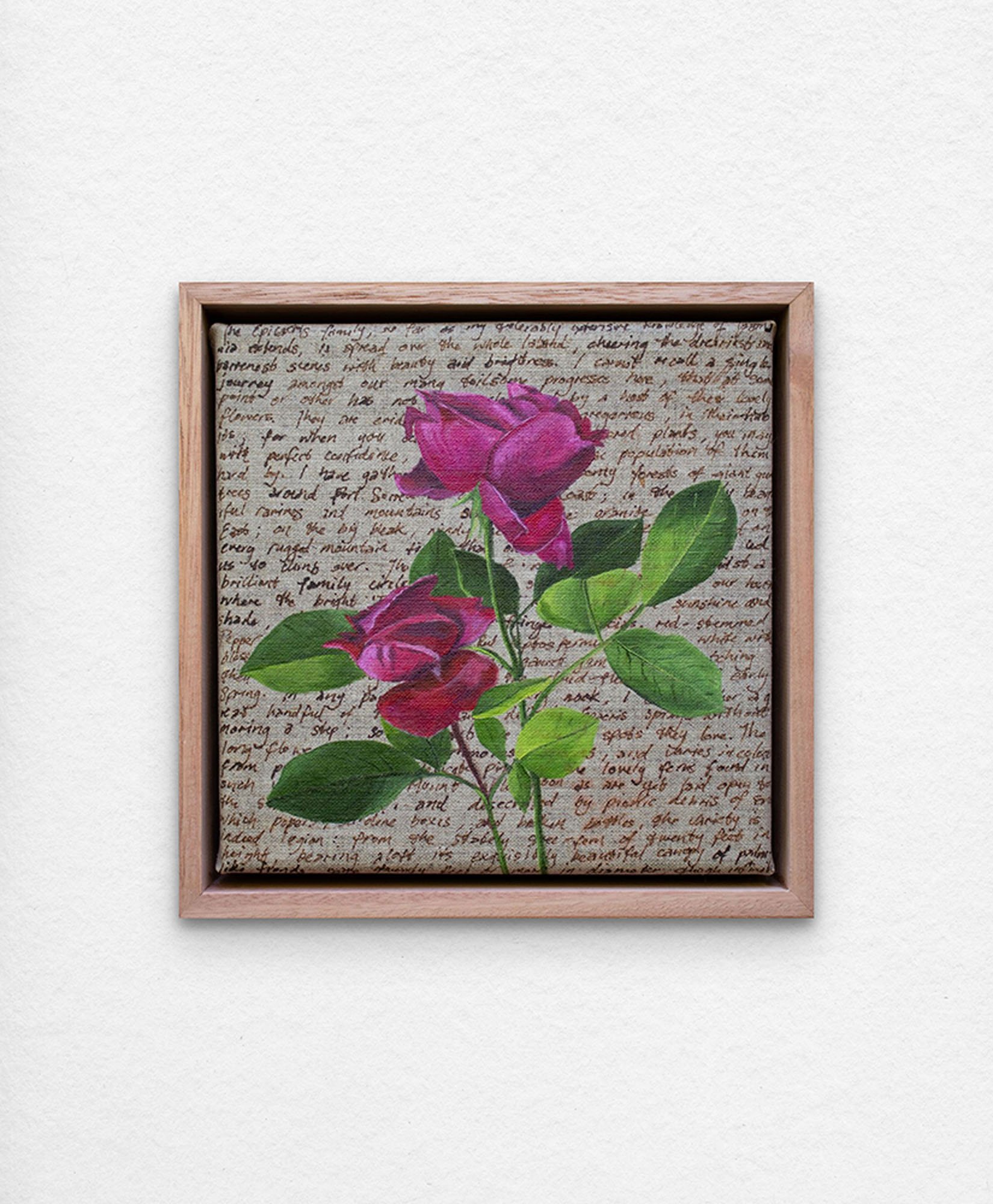 'An Ornamental Education – Red Rose'. Synthetic polymer paint and acrylic ink on linen.
23 x 23 cm framed. $350 (+GST for Aust)
