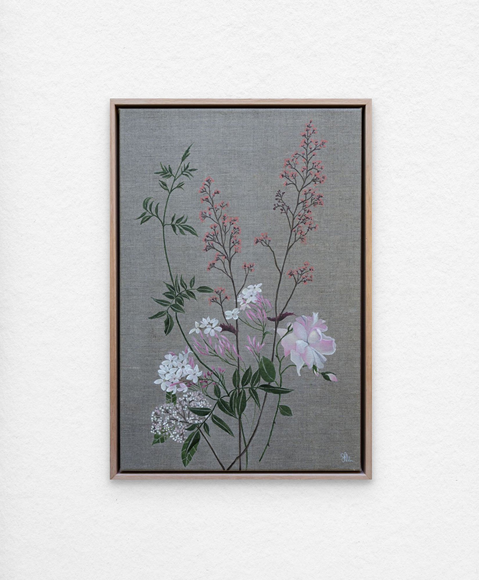'Seasonal Bouquet – Jasmine Season.' Synthetic polymer paint on linen.
63 x 43 cm framed. $1100 (+ GST for Aust)