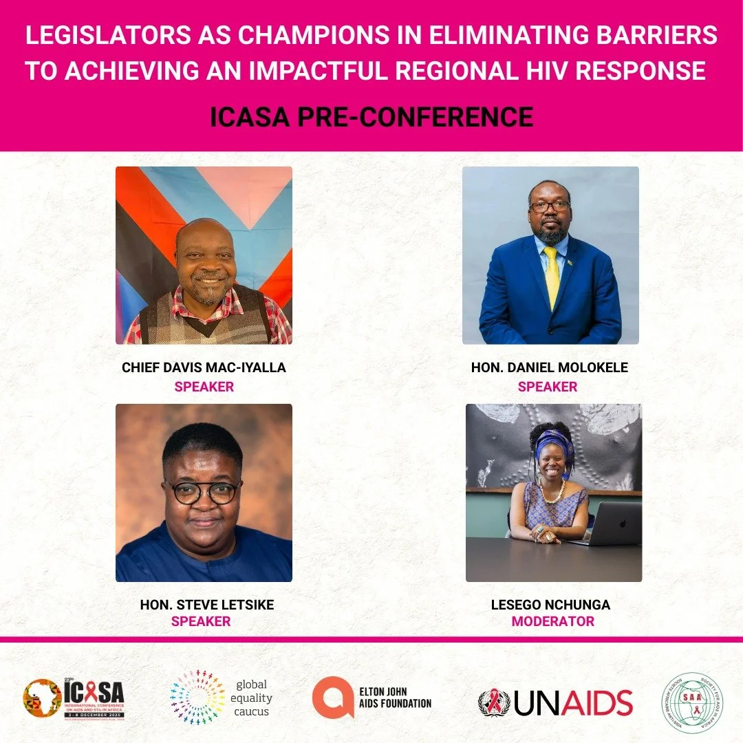 Meet the speakers leading a vital conversation at #ICASA2025.

Chief Davis Mac-Iyalla, Hon. Daniel Molokele, MP, Hon. Steve Letsike, and Lesego Nchunga will join the Global Equality Caucus for our pre-conference session on 3 December at the ICASA Mai
