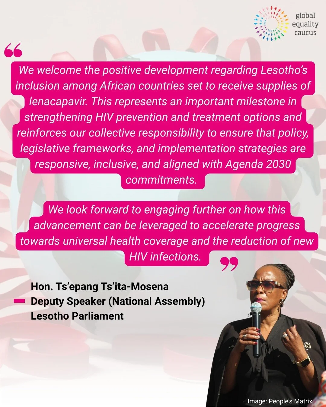We appreciate the strong leadership of Hon. Ts&rsquo;epang Ts&rsquo;ita-Mosena, Deputy Speaker of the National Assembly of Lesotho, in advancing inclusive, rights-affirming HIV policies. 

GEC looks forward to continued collaboration in 2026 to advan