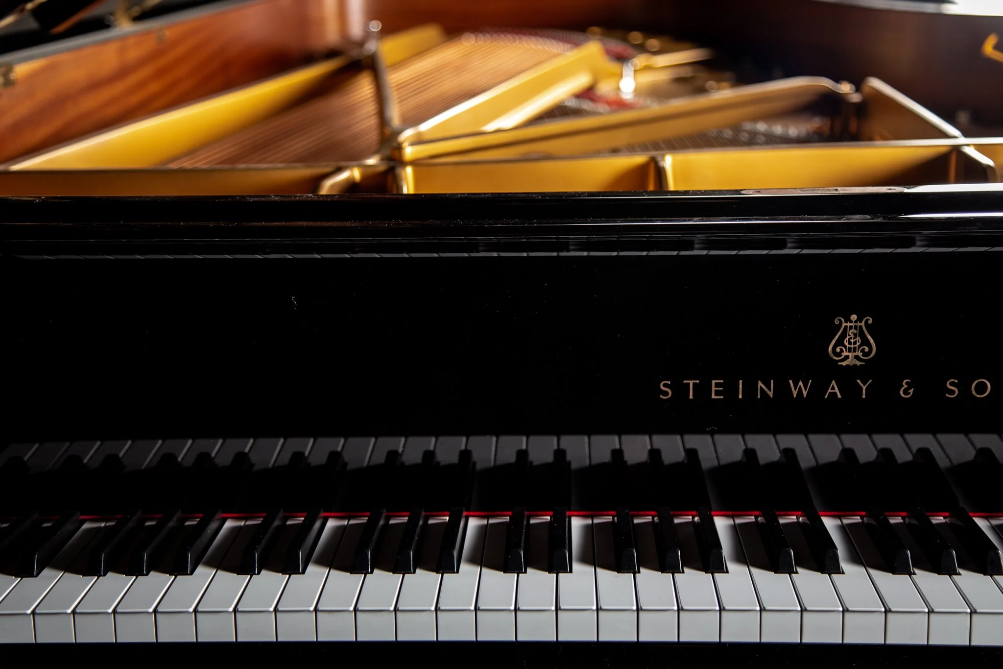 Close-up of a black Steinway & Sons grand piano with its lid open, showing the strings and interior