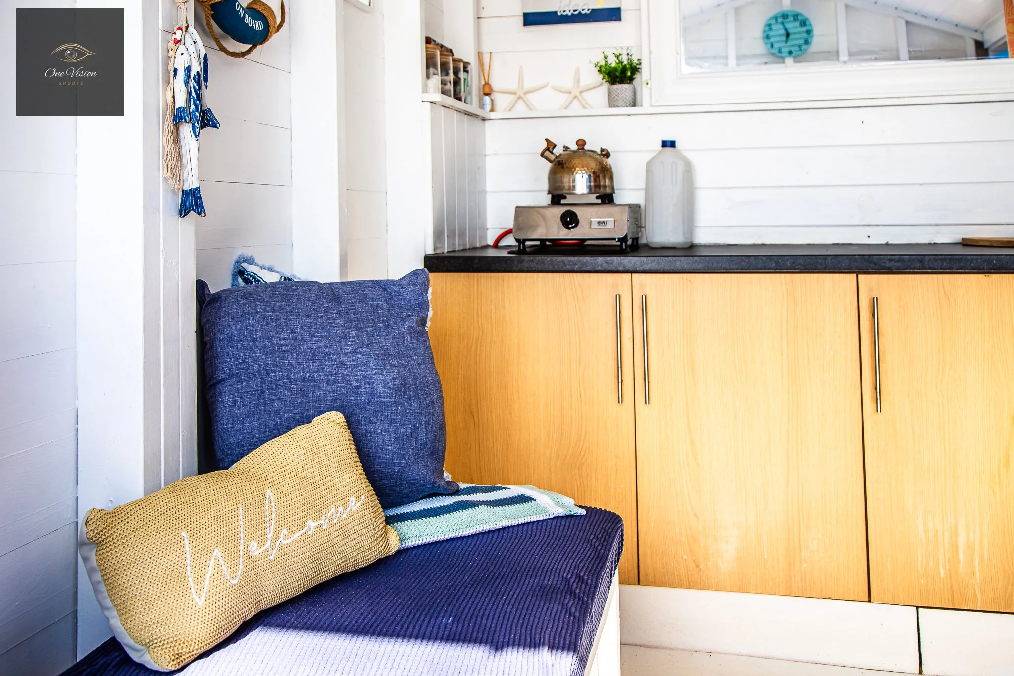 Walton-On-The-Naze Beach Huts, Blue Hut (370 - Lizzie), Internal, Seating & Kitchen-1.jpg