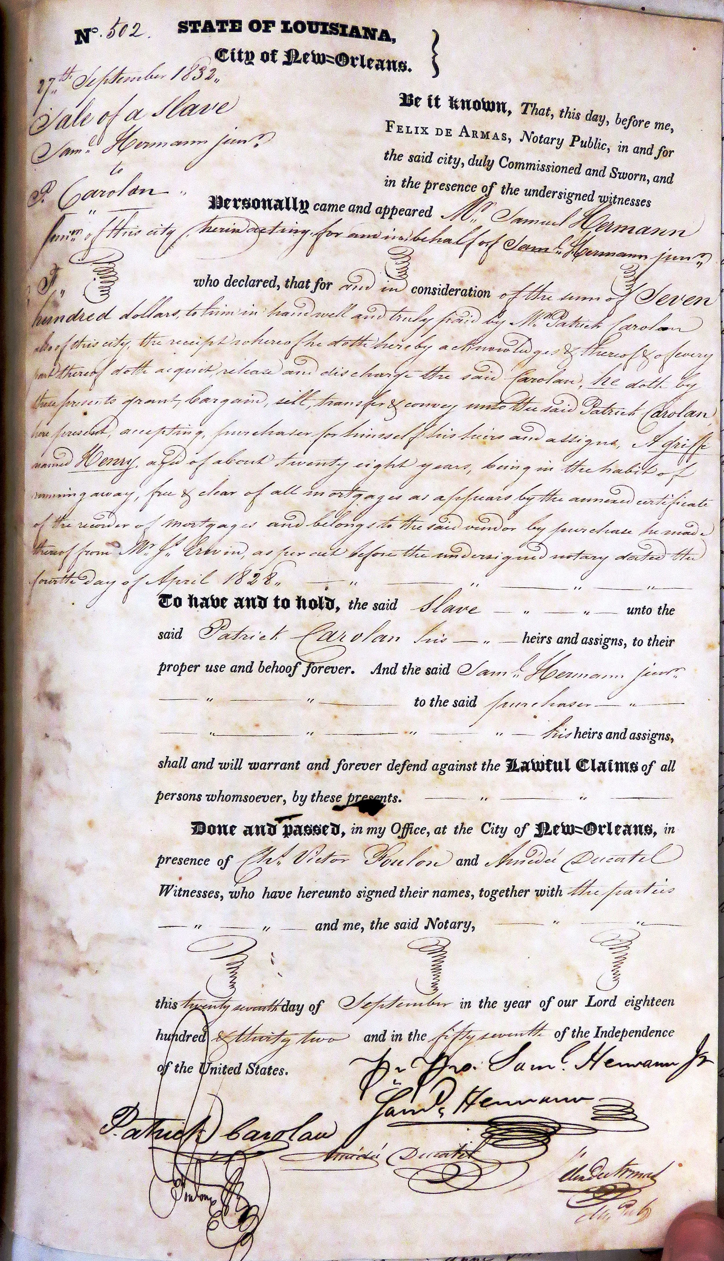 1832-09-27   de Armas, Felix. 1832 Sep 27th. Vol 37, Act 502 (1 of 1).JPG