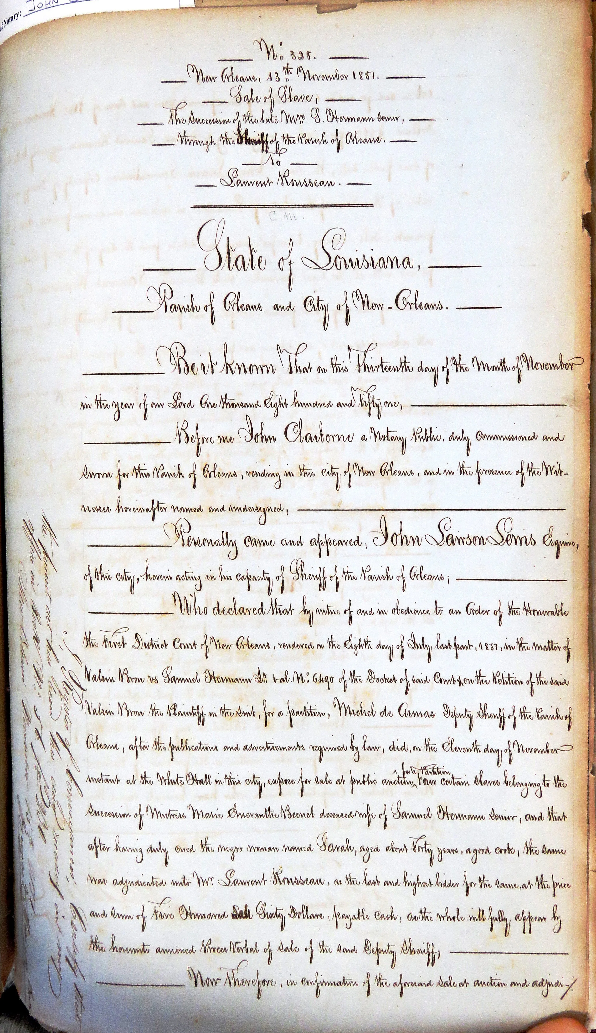 1851-11-13   Claiborne, John. 1851 Nov 13th. Vol 3, Act 328 (1 of 4).JPG
