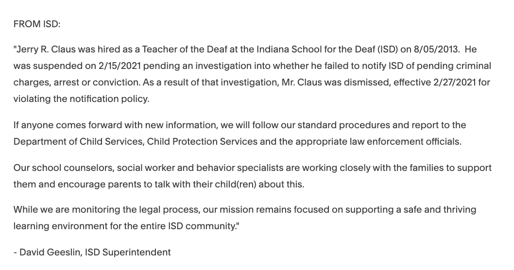 Official statements from ISD and OSD regarding Mr. Jerry Claus 
