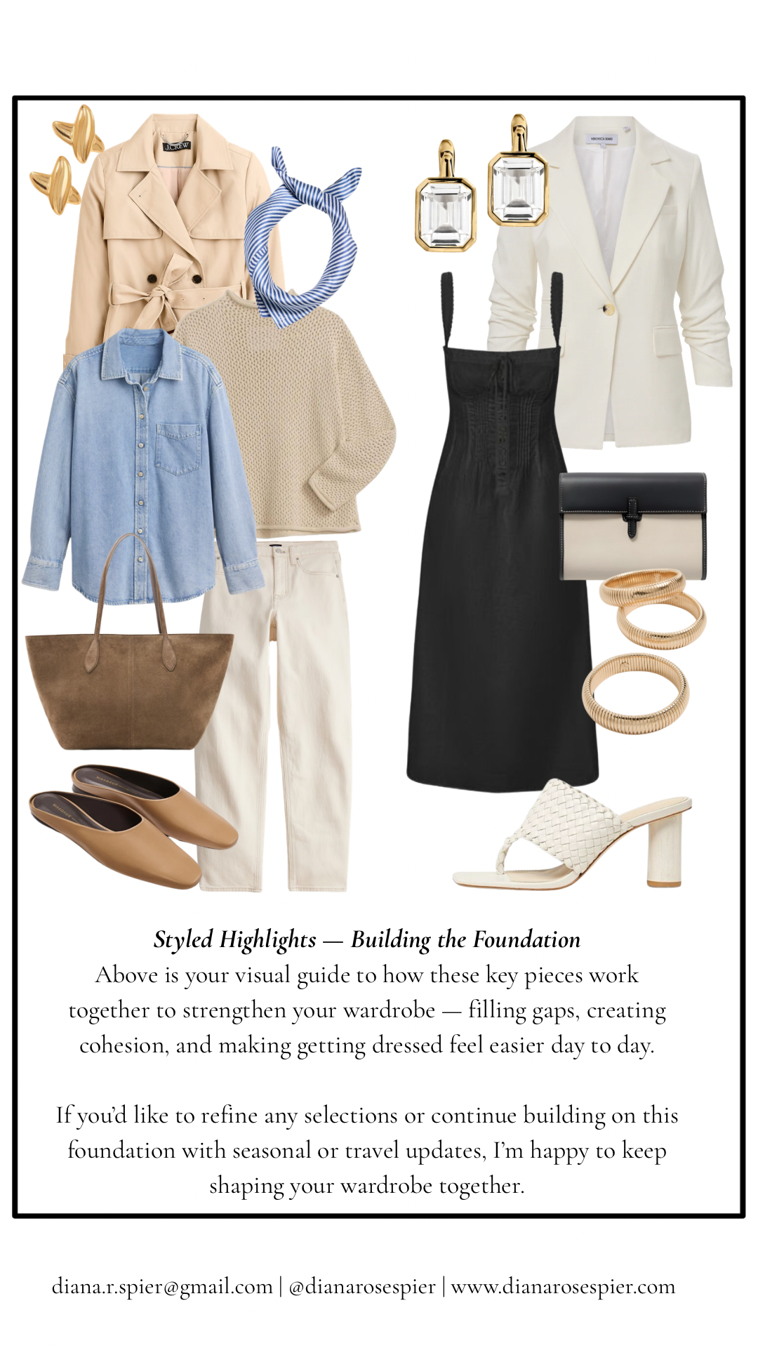 Outfit collage including beige trench coat, blue denim shirt, cream sweater, white pants, tan mules, beige handbag, blue and white striped scarf, gold earrings, white woven heeled sandals, black midi dress, white blazer, black and white clutch, and beige jewelry, with text about wardrobe styling.