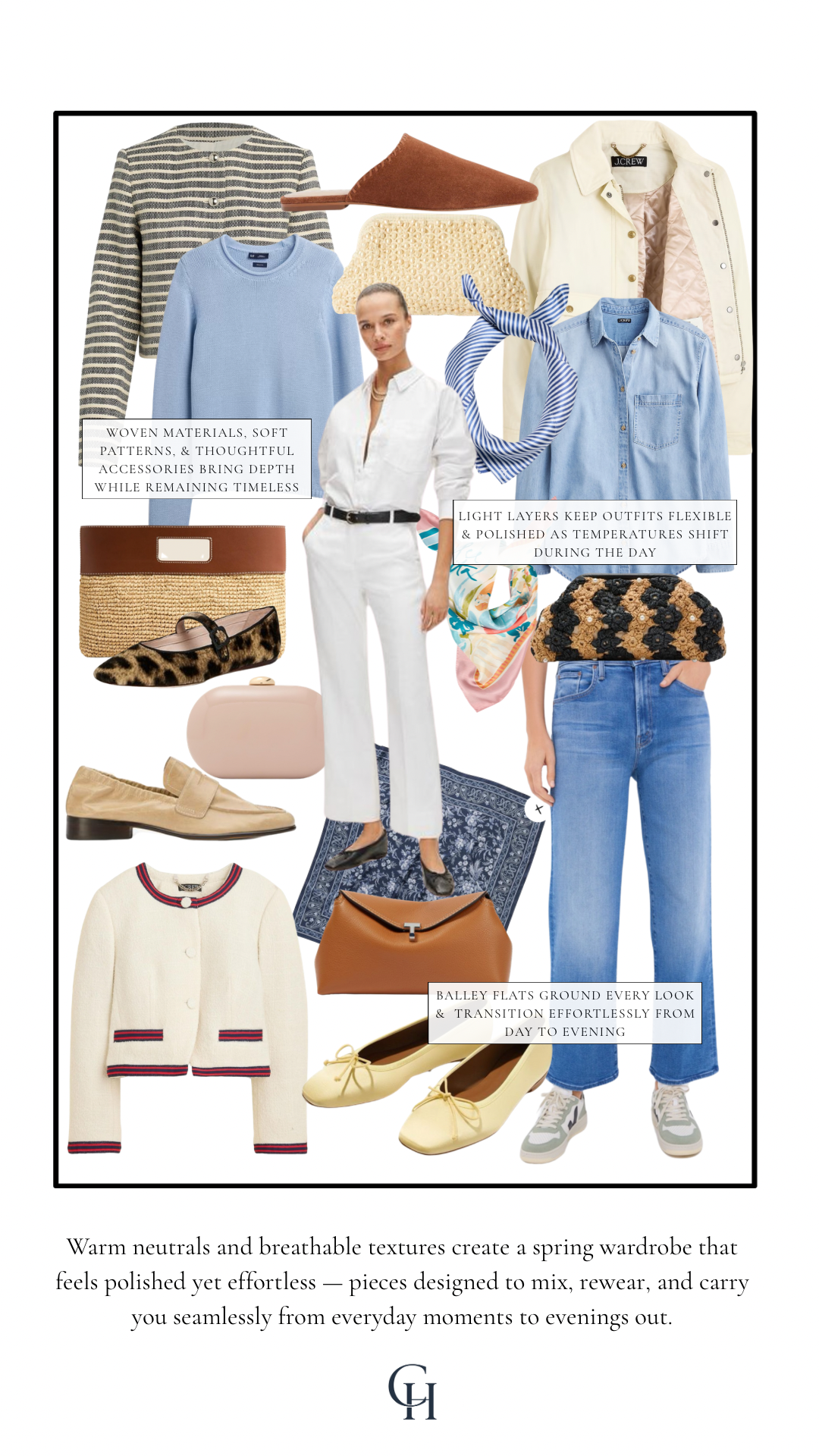 Spring wardrobe collage featuring light layers and accessories. Includes a striped blazer, light blue sweater, white jumpsuit, beige loafers, leopard print flats, colorful scarf, woven hat, tan clutch, cream cardigan with red and blue trim, and cream ballet flats. Text highlights woven materials, light layers, and effortless transition from day to evening.