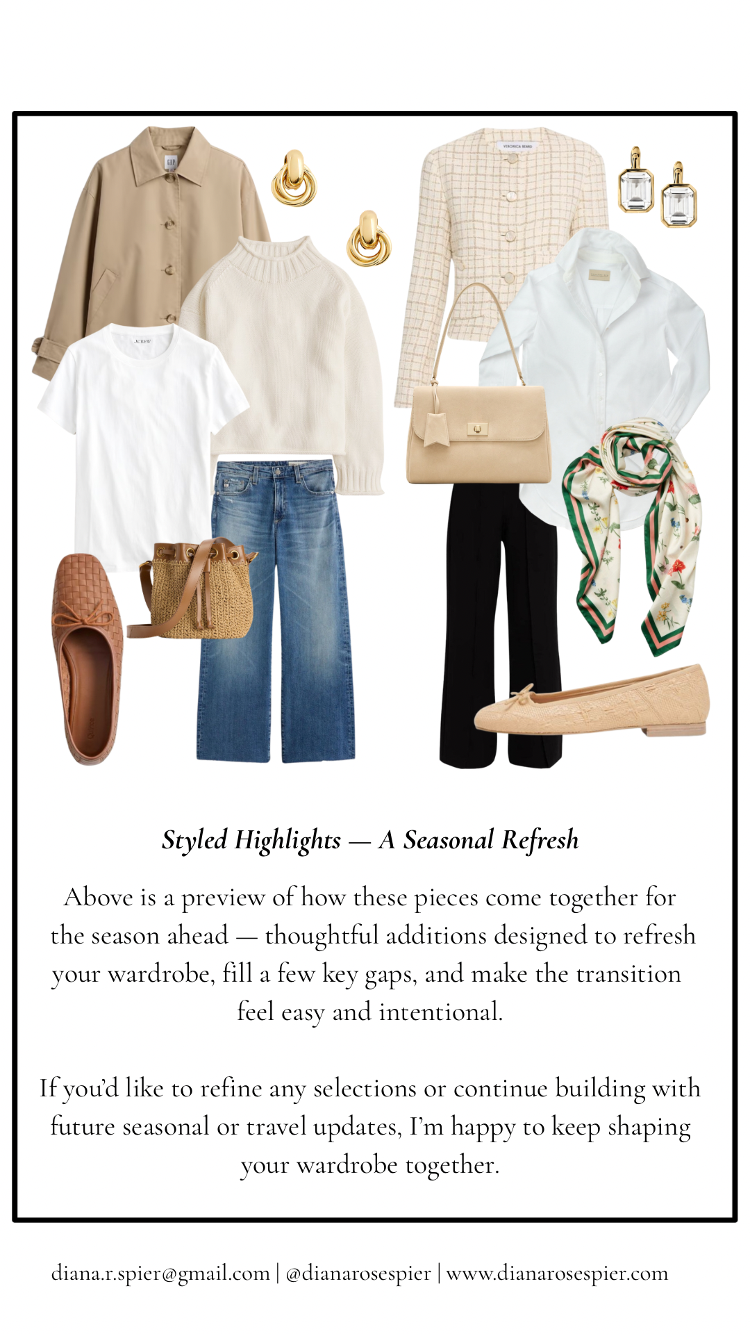 A collection of women's fashion items including beige trench coat, white t-shirt, cream sweater, blue jeans, beige ballet flats, gold hoop earrings, cream checkered blazer, white blouse, floral scarf, beige handbag, and gold earrings displayed on a white background with black border.