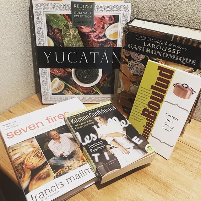 A small handful of books that helped me learn to find and refine my cooking style as well as my perception of the professional culinary craft. @anthonybourdain @francismallmann @danielboulud #learnfromthemasters