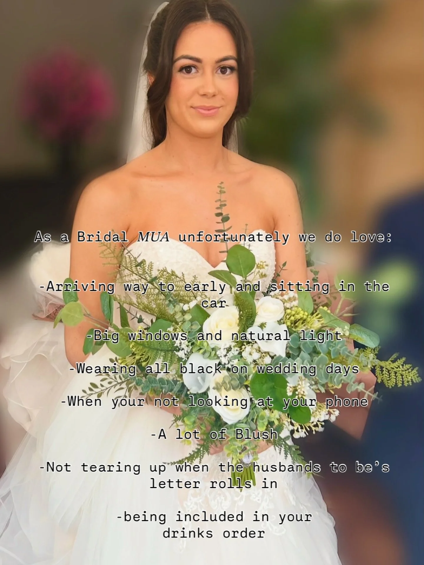 As a Bridal 𝑀𝑈𝐴 unfortunately we do love:

-Arriving way to early and sitting in the car 

-Big windows and natural light 

-Wearing all black on wedding days

-When your not looking at your phone 

-A lot of Blush

-Not tearing up when the husban