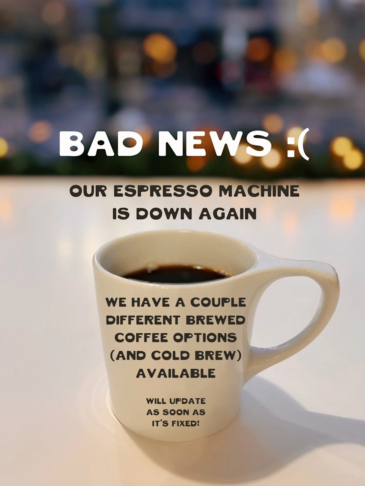 Bad news: our espresso machine is down again
Good news: we&rsquo;re going full cafe mode today - we&rsquo;ll have several coffees brewed up, complete with a sampling station so you can try out our different roasts with no risk! We&rsquo;ll have Chris