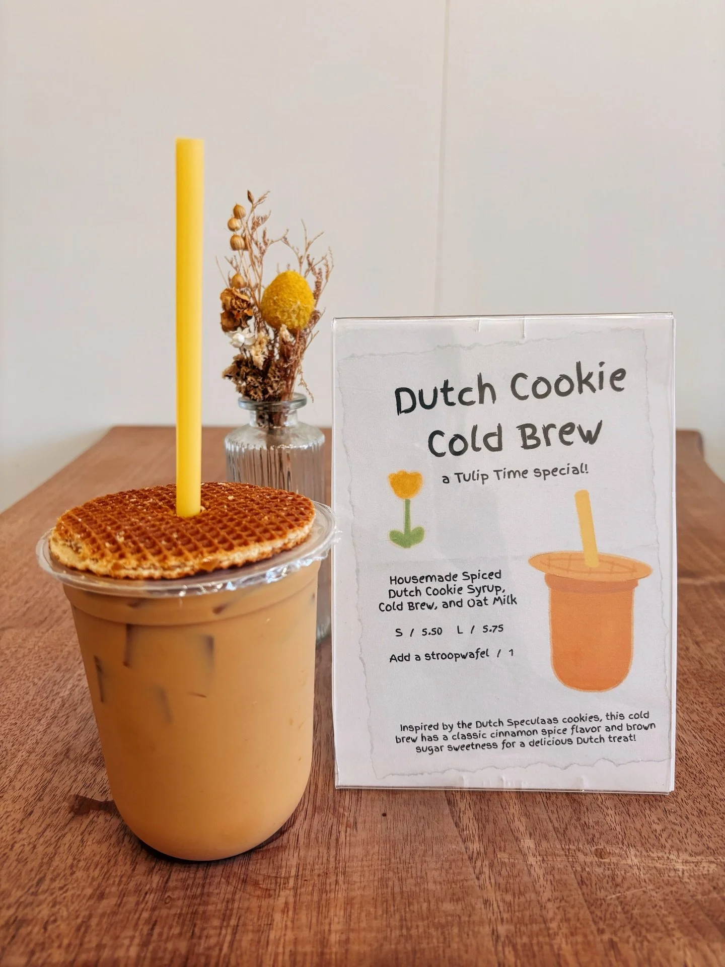 It&rsquo;s baaack! 👀 
 
Our Dutch Cookie Cold Brew is here again for the tulip time season! This is one of our favorite drinks, with a rich, sweet spiced brown sugar cookie syrup, our delicious cold brew, and a splash of oat milk. Get it as a tasty 