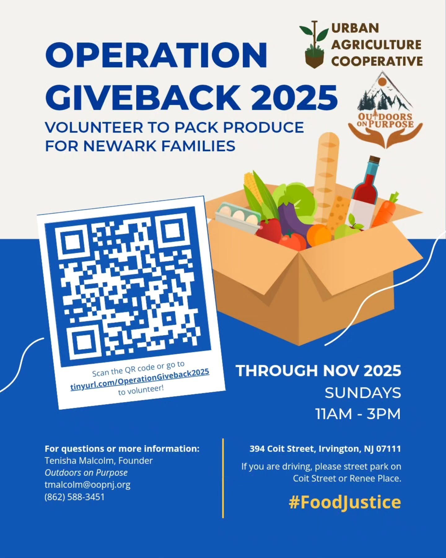 Operation Giveback 2025 is a collaborative community effort led by&nbsp;Urban Agriculture Cooperative&nbsp;and&nbsp;Outdoors On Purpose. We are aggregating and packing produce to distribute to the five Newark Community Ward Food Hubs.

Volunteer with