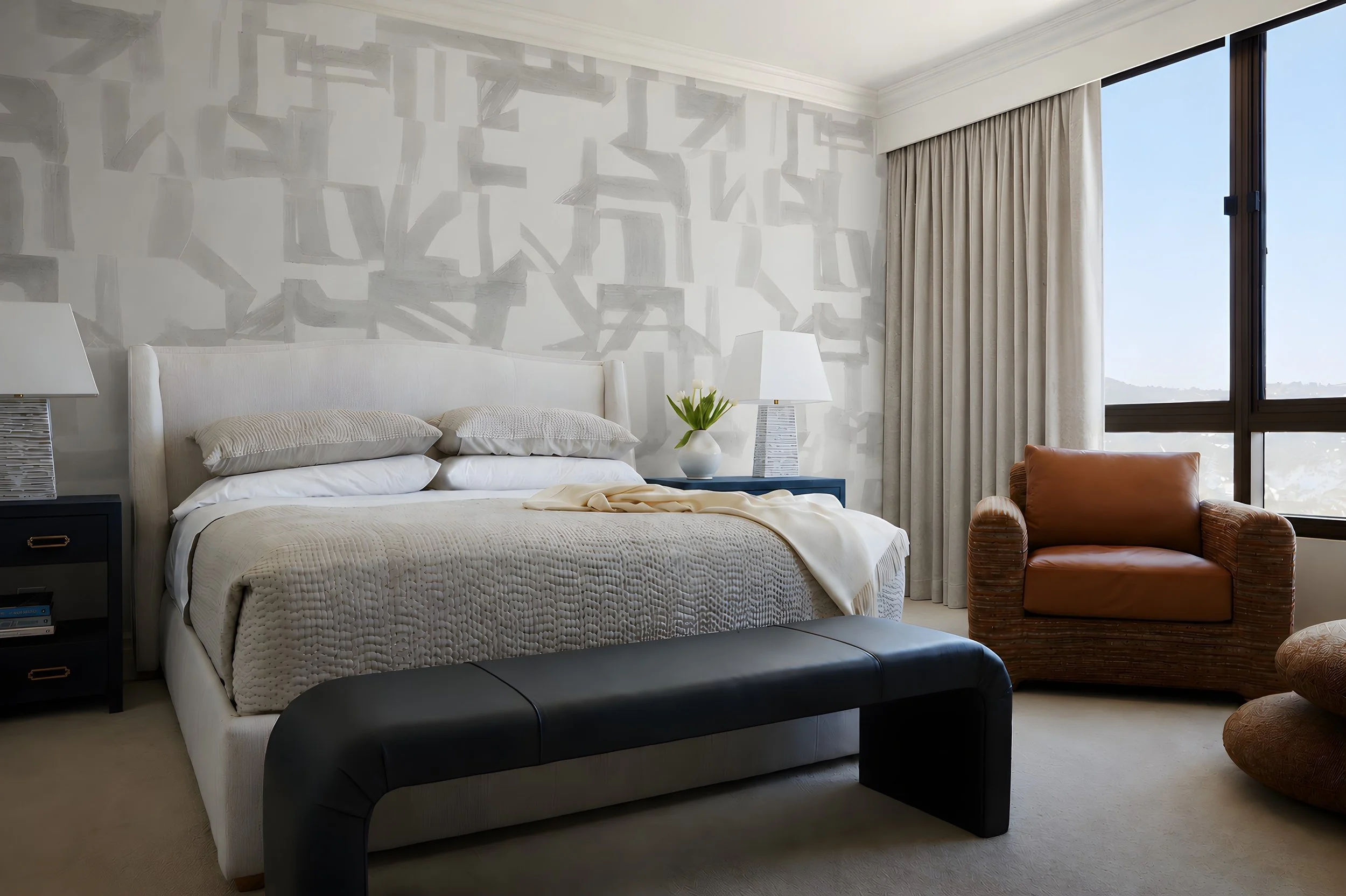 Serene primary bedroom with tailored furnishings and layered neutral textiles in a Wilshire Corridor penthouse.