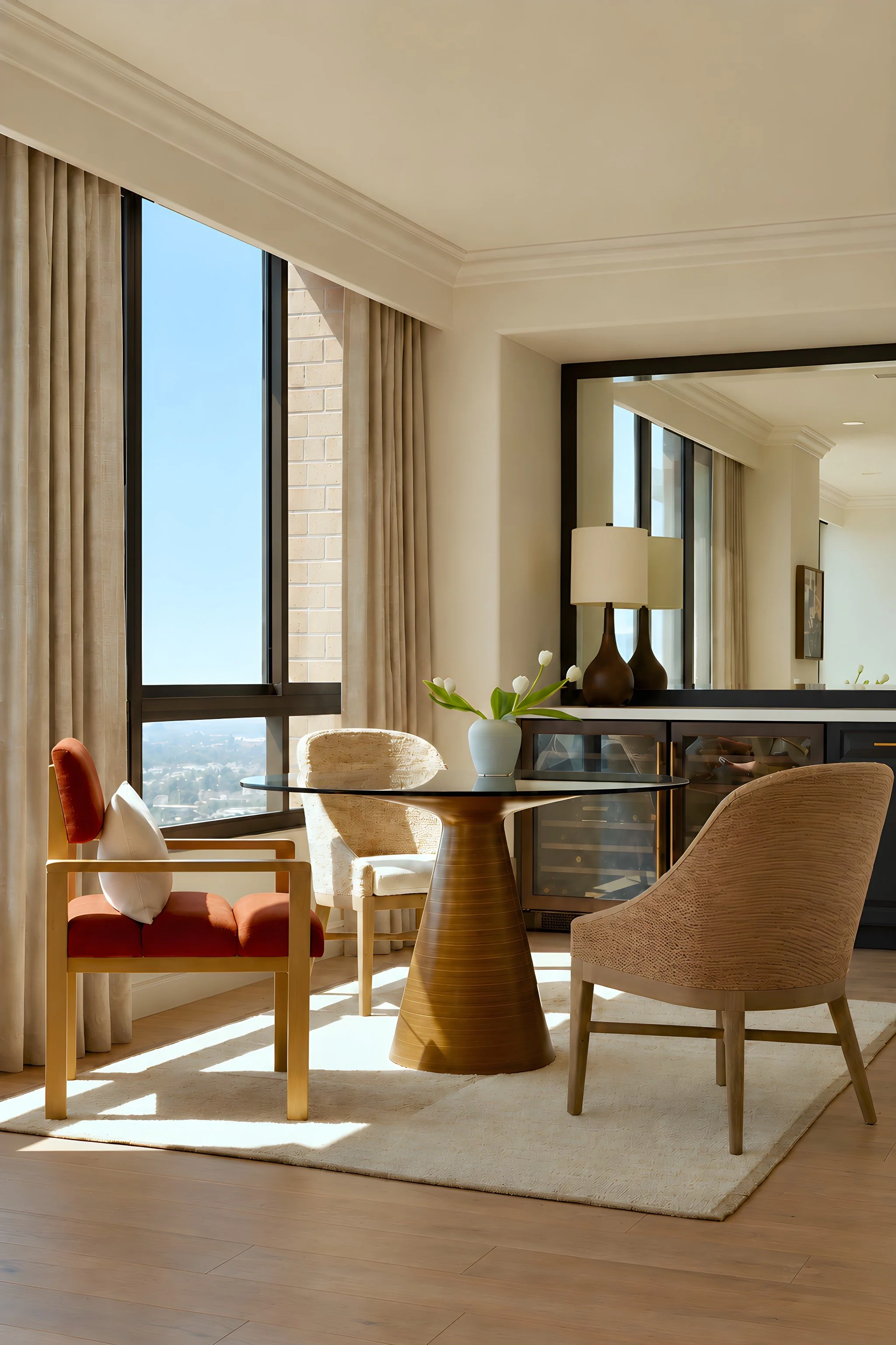 Custom dining nook with upholstered banquette, round table, and layered artwork in a Los Angeles penthouse.