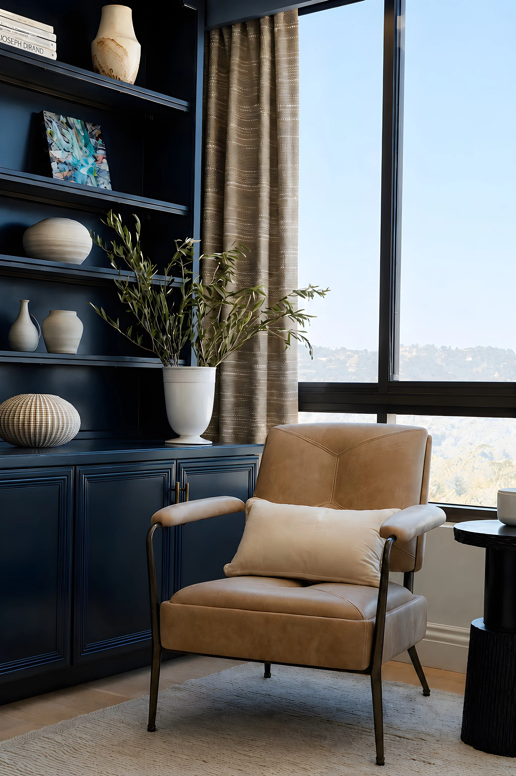Home office with custom furnishings, built-in storage, and a refined residential workspace.