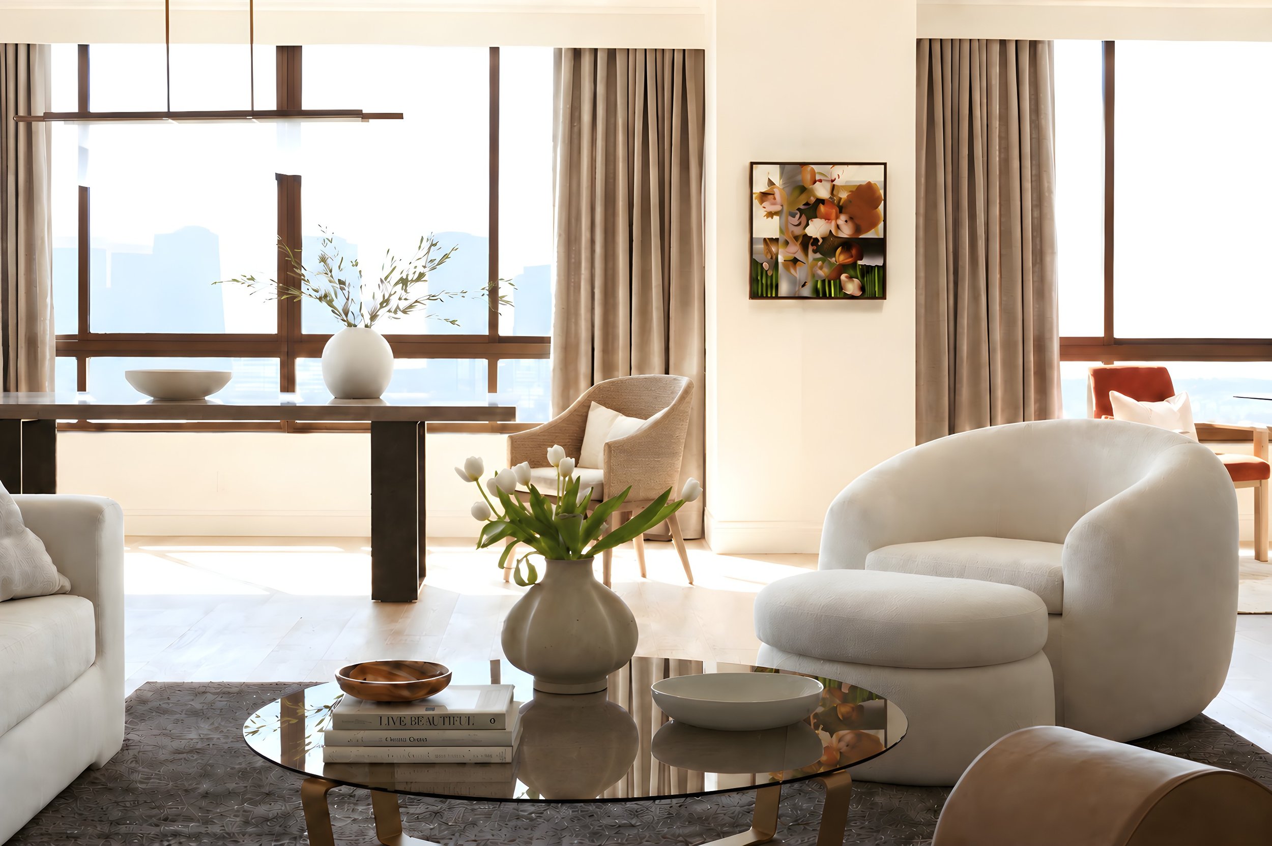 Wilshire Corridor penthouse living room with layered furnishings, custom pieces, and panoramic city views.
