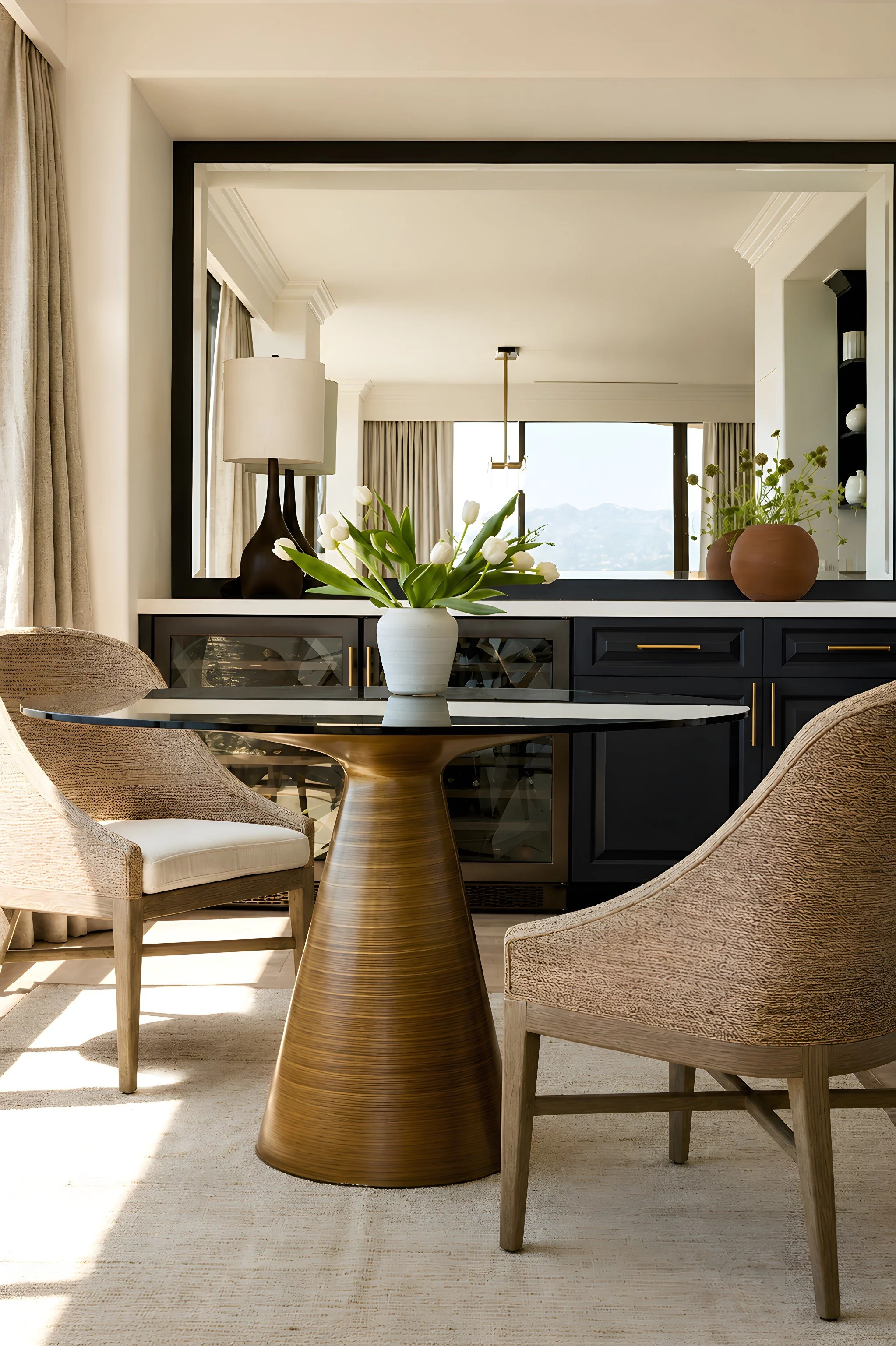 Vertical view of a custom dining nook with banquette seating and artwork in a Wilshire Corridor penthouse.