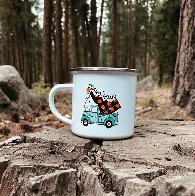 I went camping in Pine for the night so I brought some of my camper mugs to take some photos at our beautiful camp site. Here is my new Idaho design on a 10oz camper mug! I&rsquo;m going crazy with all the vintage vehicles! 
#amandaholdendesigns #cam