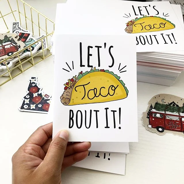 Working on a big order today! We are so grateful to be in business with local stores around the Treasure Valley! We have so many cards to choose from! DM for wholesale inquiries. 
#amandaholdendesigns #letstacoaboutit #wholesale #treasurevalleyidaho