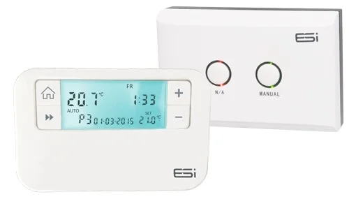 Boiler Plus Compliant RF Programmable Room Thermostat. The ESRTP4RF is a 7 day, 5/2 or 24 hour wireless programmable room thermostat. This removes the need for any fixed wiring between the thermostat and boiler reducing the installation time and eliminates the chance of damaging the aesthetics of the property, with no redecorating or making good required afterwards. The ESRTP4RF is one of the easiest to use on the market, providing 4 or 6 time and temperature events each day. The 7 day, 5/2 or 24 hour programming options meets most homeowners requirements. The ESRTP4RF comes pre-paired and has two-way RF communication at 868MHz.