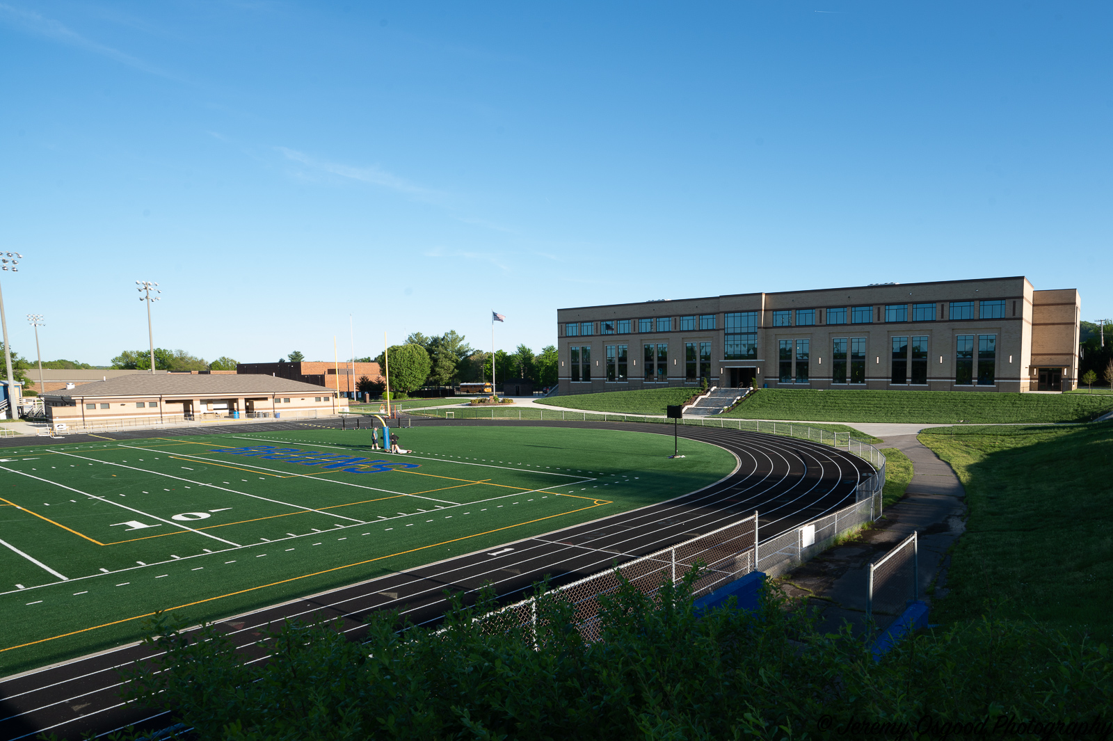 Brentwood High School Stem building, football field and track.