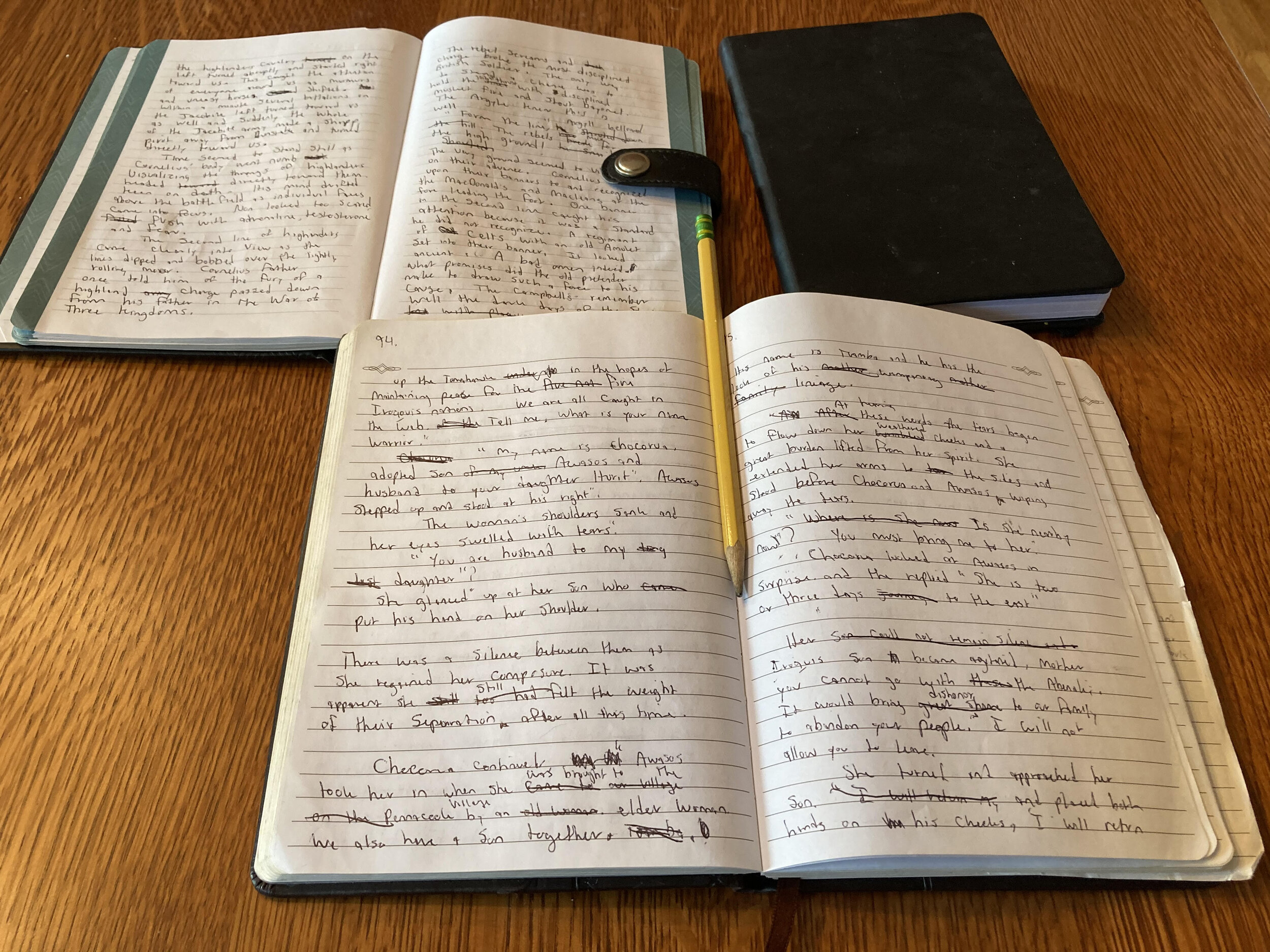 There is something comforting about writing with pencil and paper. The process allows for a hand-written first draft that is edited into a second draft as you type it into the computer. I have 3 journals filled with the manuscript and 2 notebooks …
