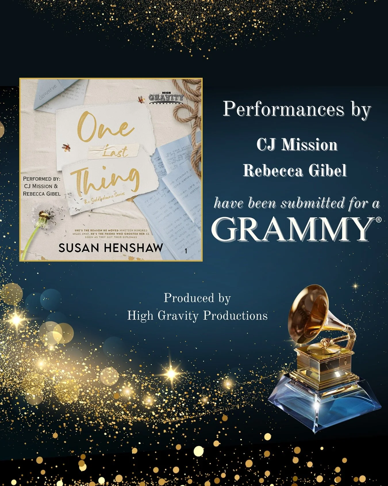 We&rsquo;re thrilled to have submitted One Last Thing, a beautiful, heartwarming, small town romance by @susanhenshaw_calliemaeshaw to the @recordingacademy for Grammy consideration for the incredible performances of @cjmission_narrator and @rebeccag