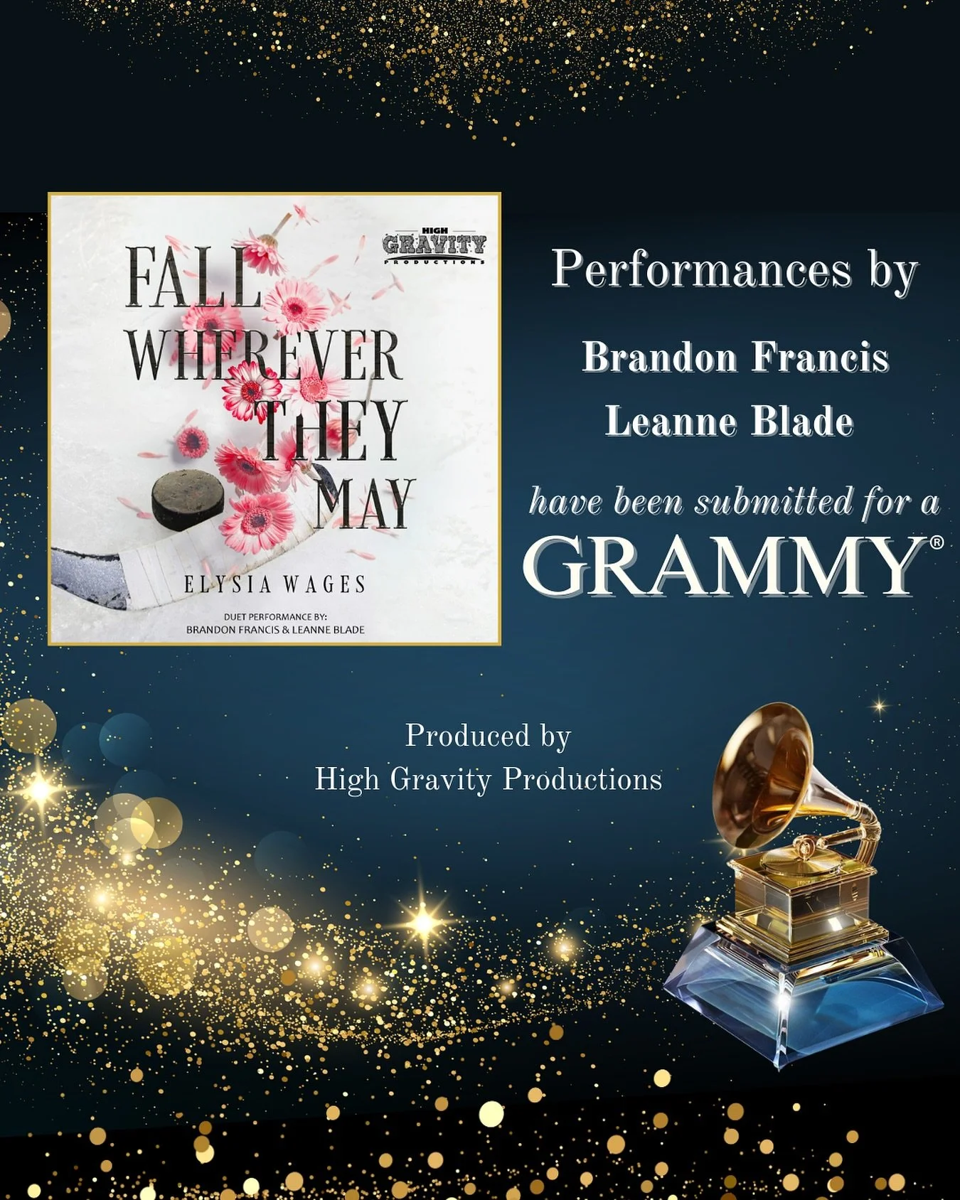 We are so very excited to announce that the incredible story of Fall Wherever They May by @elysiawages_author, beautifully performed in duet by @brandonfrancisnarrator and @brittanyricenarration, has been submitted to the @recordingacademy for Grammy