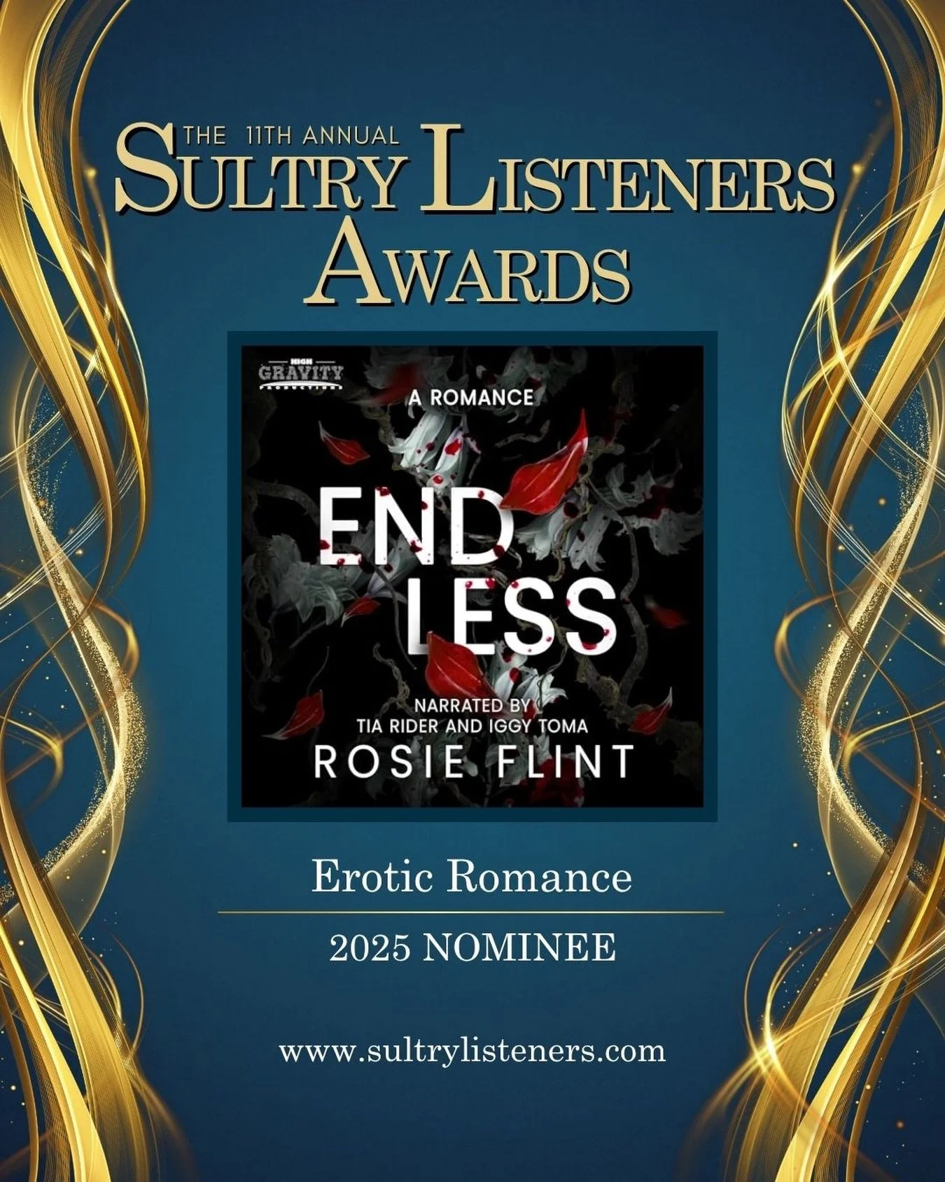 Last day to VOTE for the Sultry Listeners Awards! Endless has been nominated in the EROTIC ROMANCE category! We are so proud of this incredible @highgravityaudiobooks audiobook!! These narrators are so good and we&rsquo;re thrilled to celebrate them!