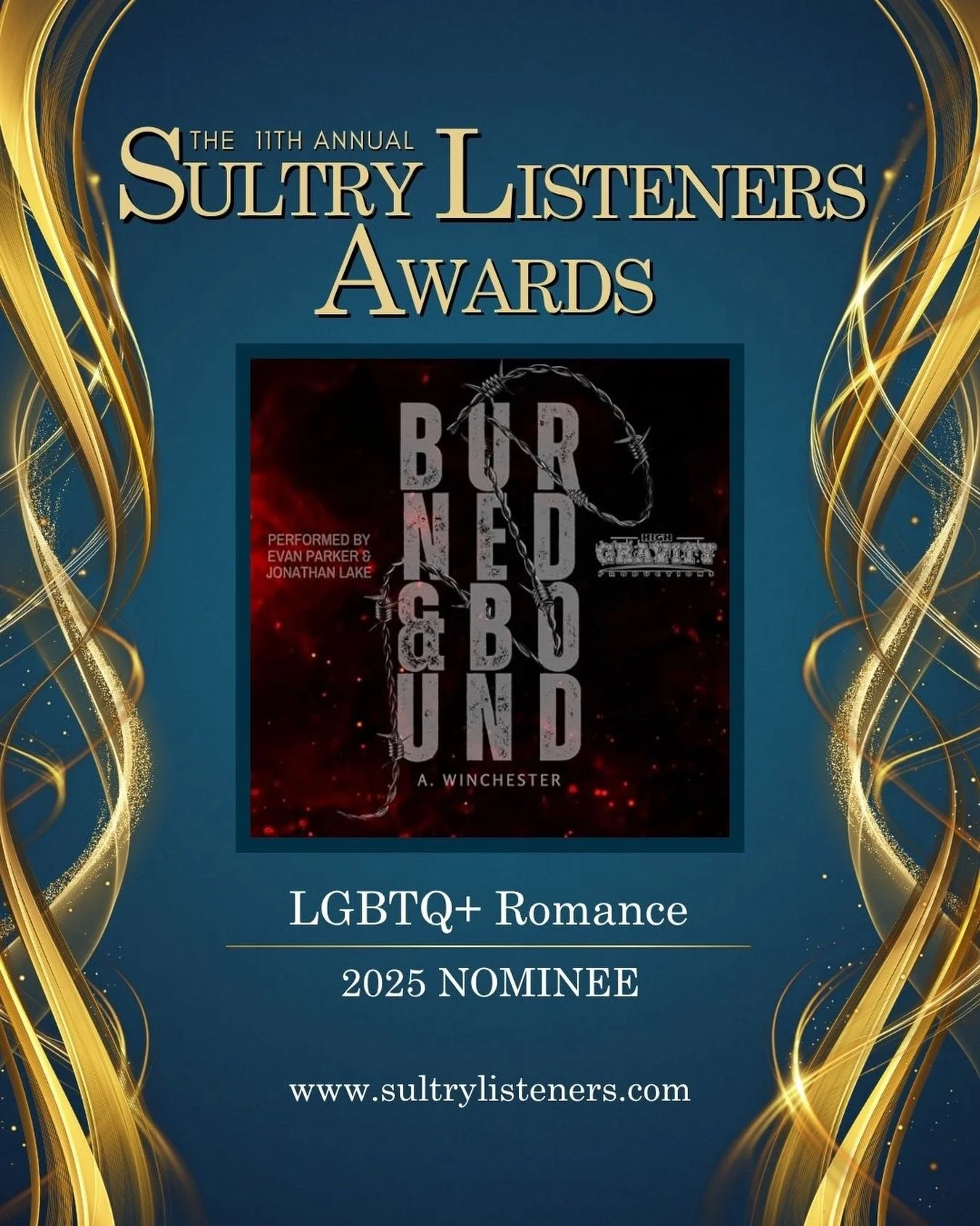 Last day to VOTE for the Sultry Listeners Awards! Burned and Bound has been nominated in the LGBTQ+ category and we are so proud! The narrators did an incredible job, and it was truly @highgravityaudiobooks honor to produce this audiobook! Go to sult