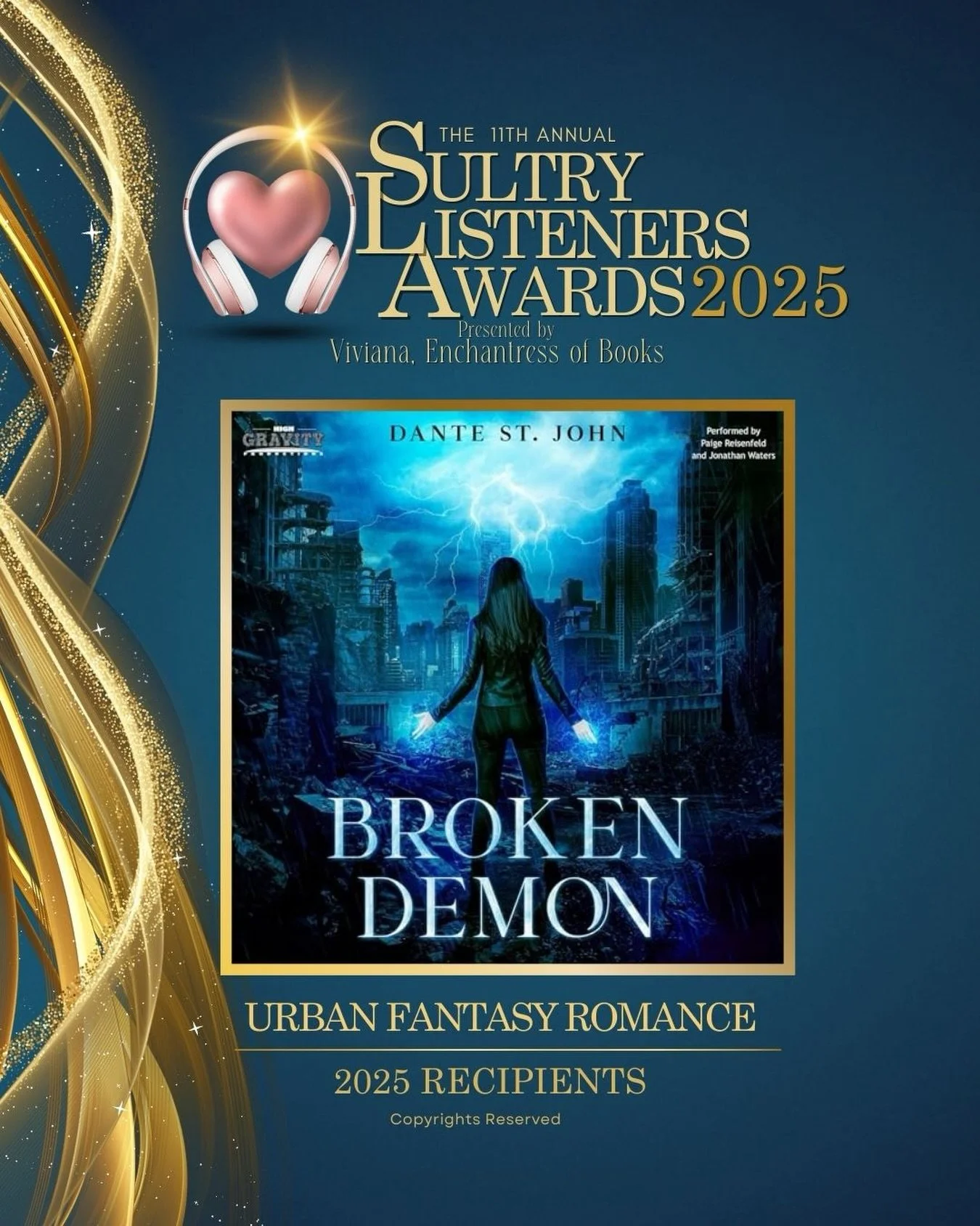 CONGRATULATIONS to Broken Demon for winning the @sultrylisteners award in the Urban Fantasy Romance category!! We are so proud of this audiobook: written by @dantestjohnauthor and performed by @paigevoice_official and @jonwatersvoiceover! Thank you t