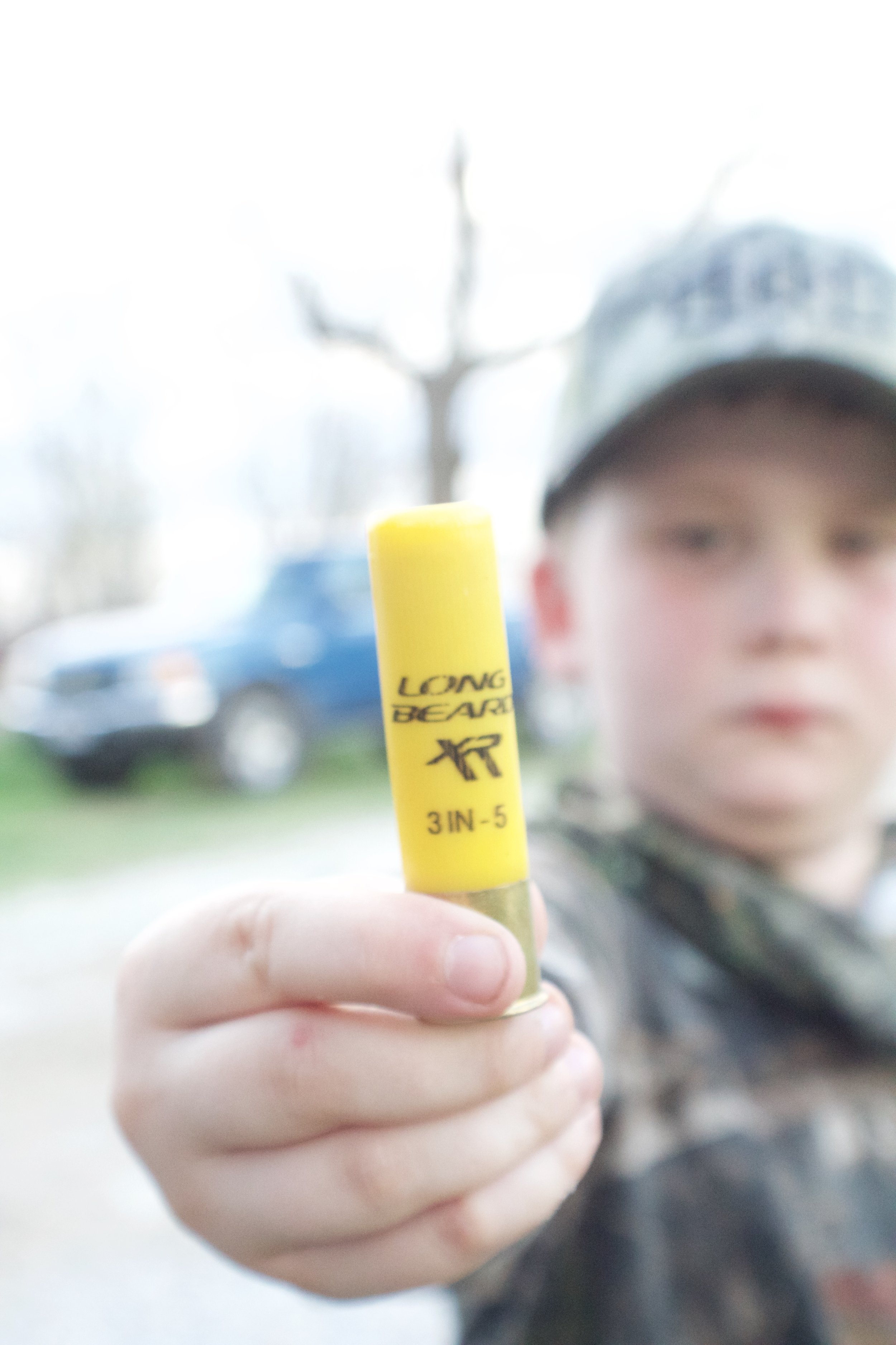 On his first turkey hunt, I set my son up with a Remington youth model 20 GA, with 3” Number 5 Winchester Longbeard XR.