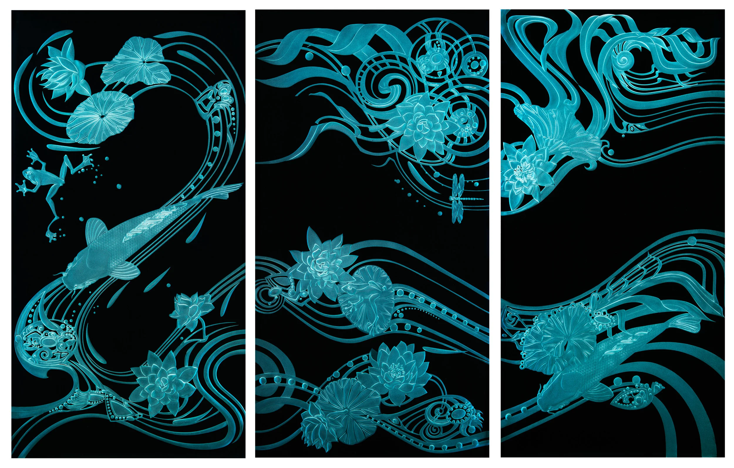 Triptych Koi Pond Wall Art Installation