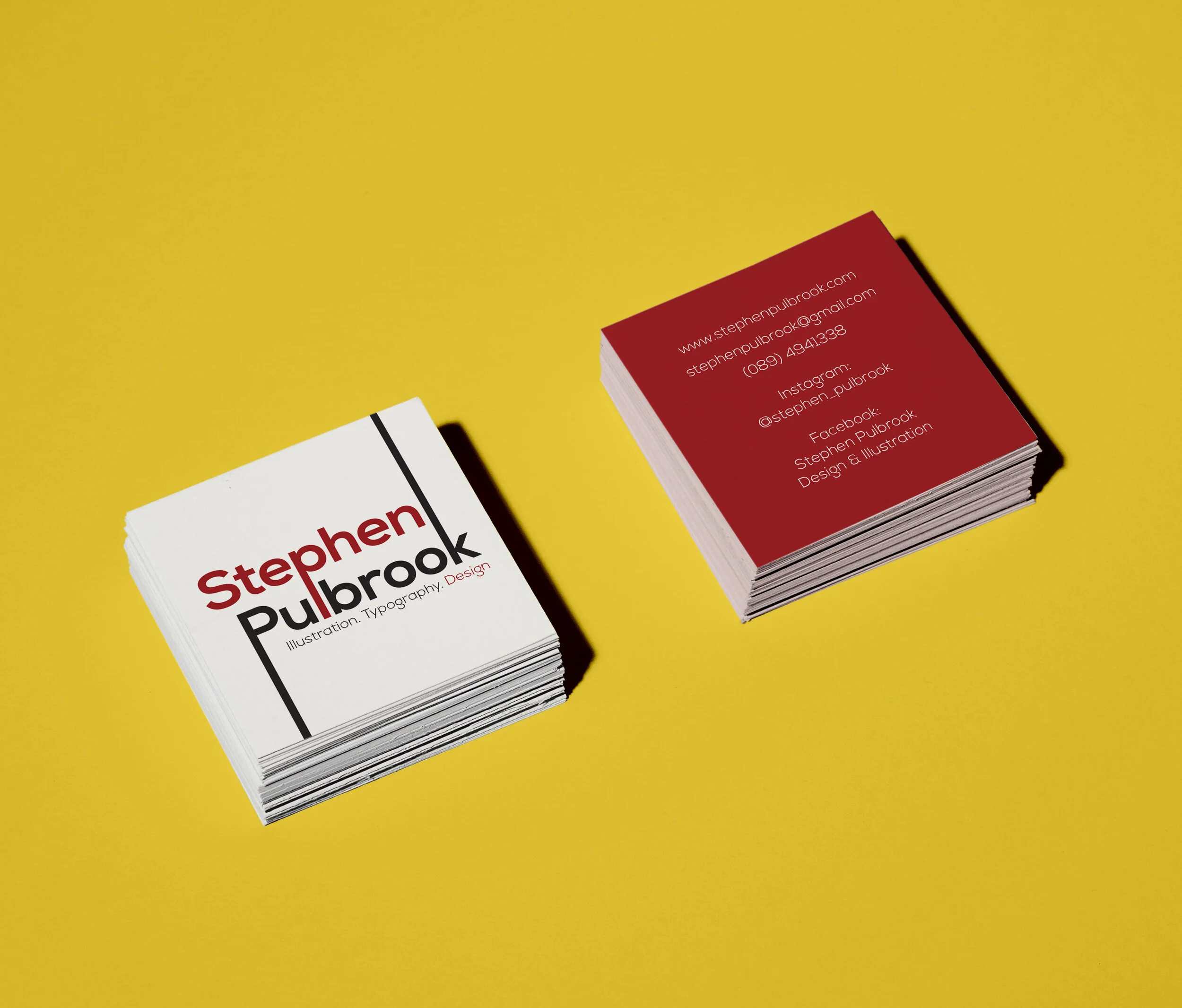 For my business cards, I decided to lose the bounding box in my usual logo and instead allow the ascender and descender to flow naturally off the sides of the card. Along with this I added the tagline “Illustration. Typography. Design” Three little …